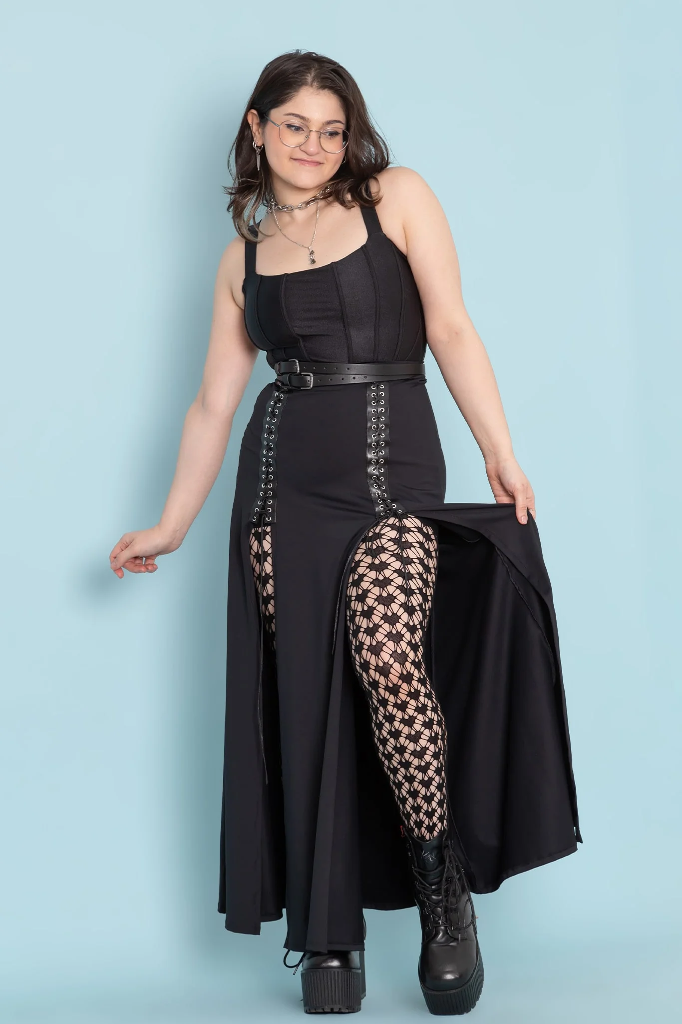 Matte Black Laced Split Skirt - Image 5