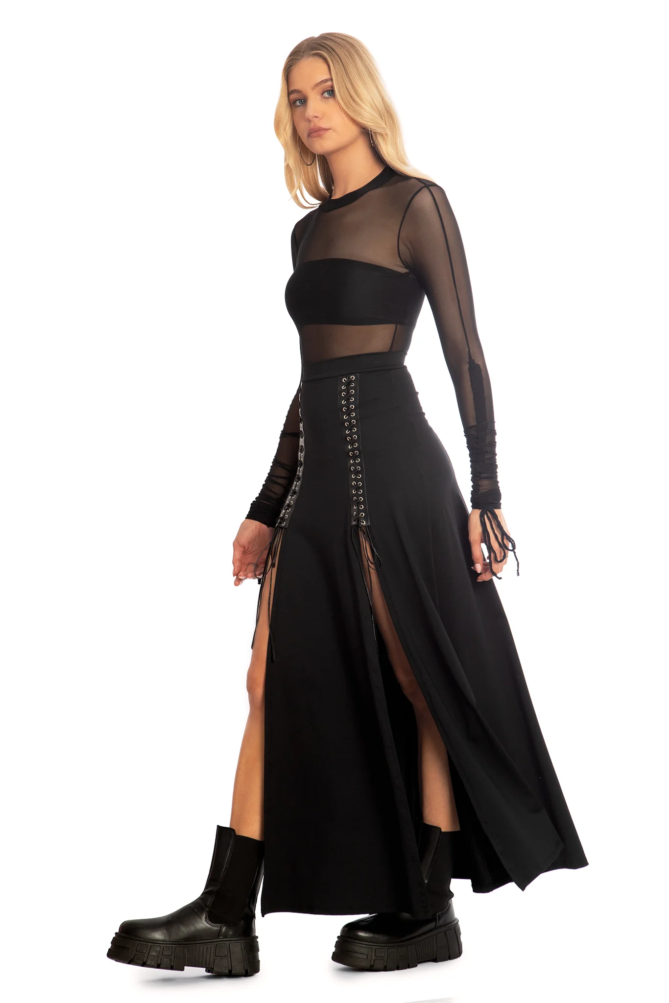 Matte Black Laced Split Skirt - Image 6