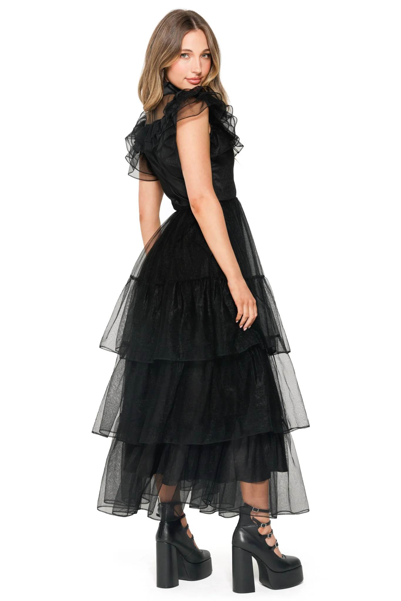 Midnight Mourning Tiered Tulle Maxi Dress - Image 3