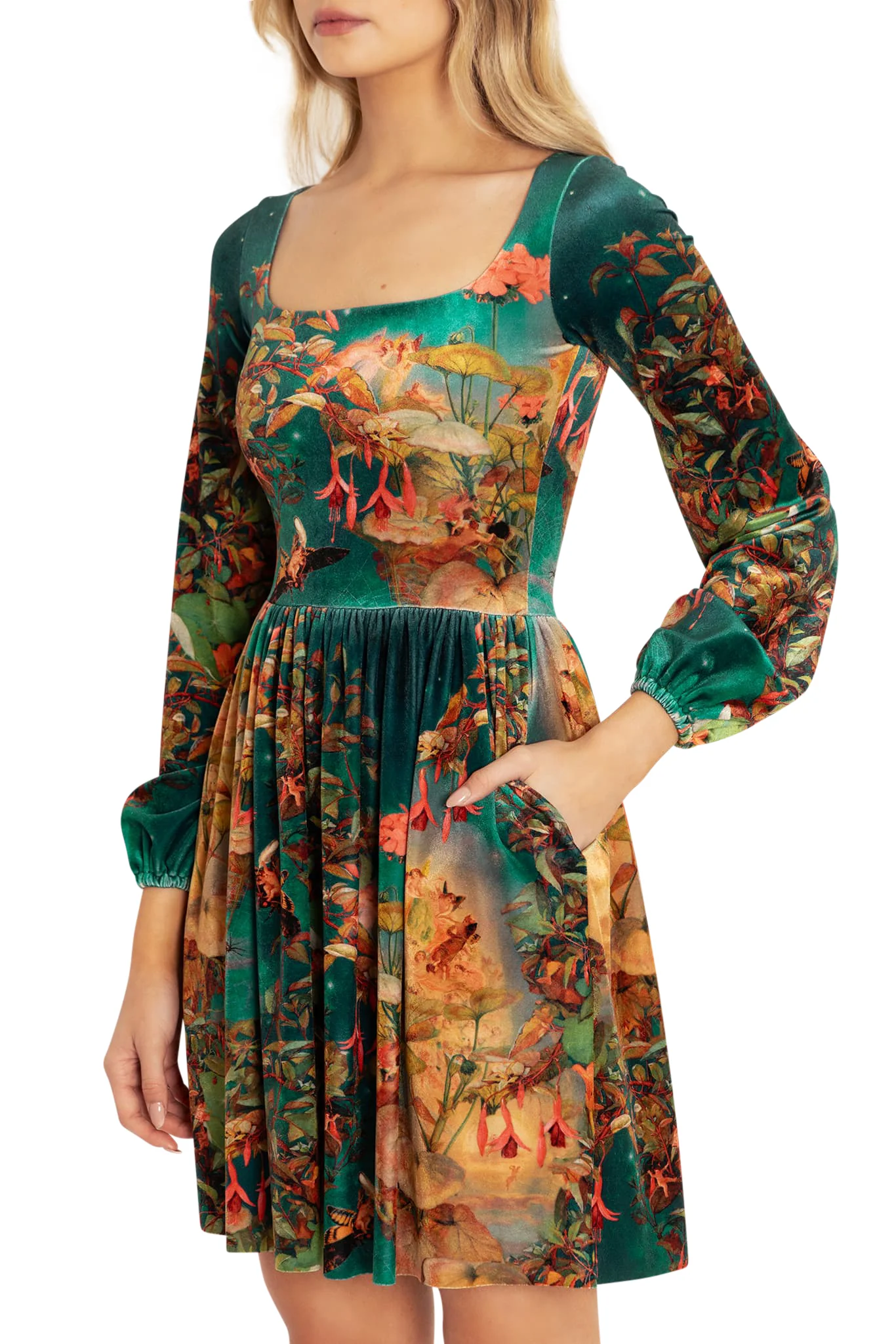 Midsummer Night's Fairies Velvet Squared Up Bishop Longline Dress - Image 3