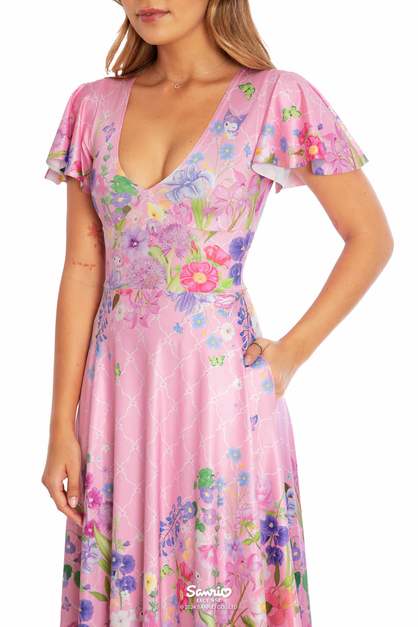 My Melody And Kuromi Floral Pink Rio Marilyn Midaxi Dress - Image 3