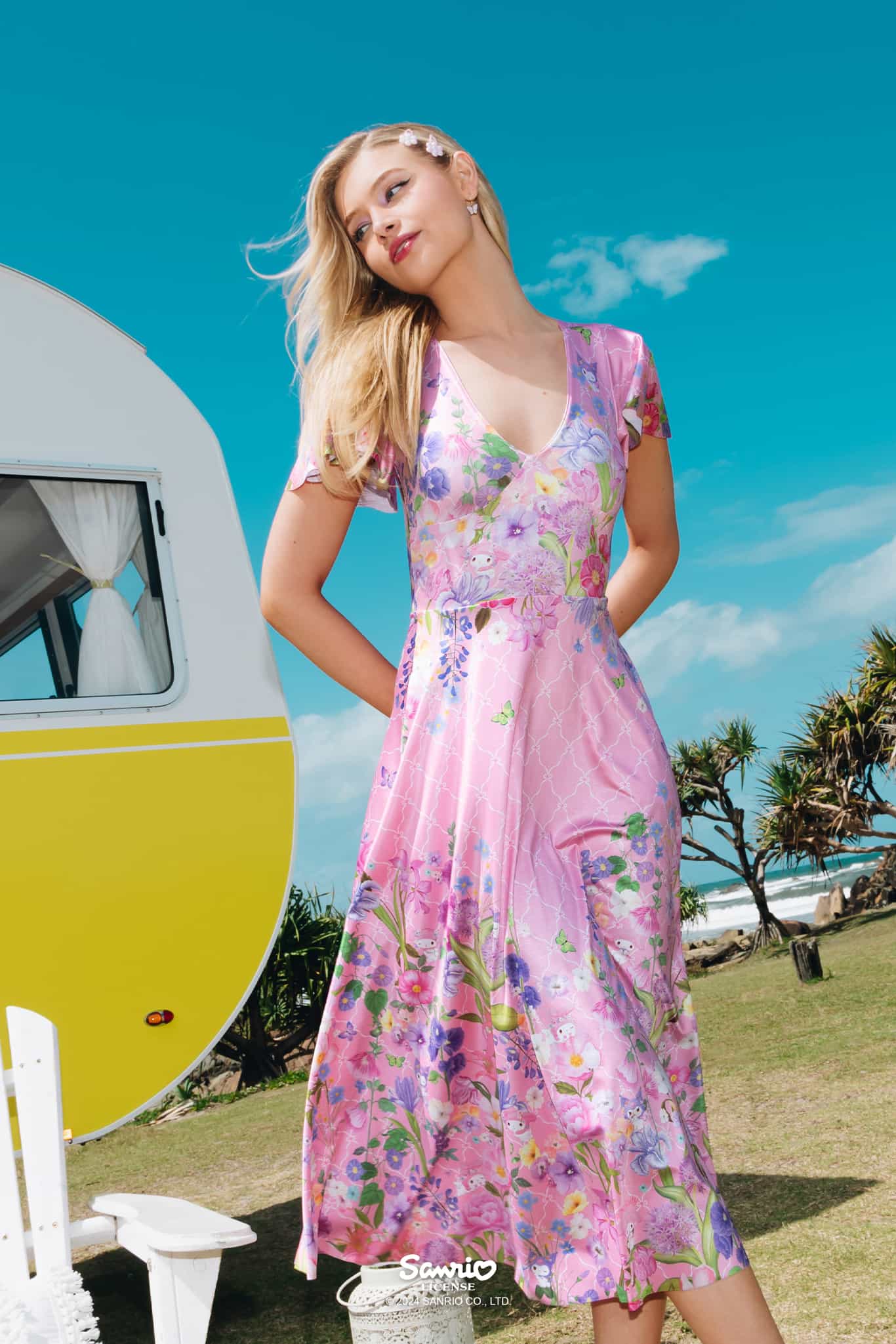 My Melody And Kuromi Floral Pink Rio Marilyn Midaxi Dress - Image 5