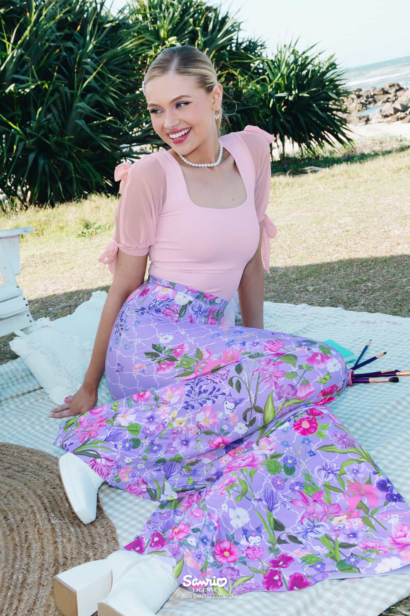 My Melody And Kuromi Floral Purple Palazzo Pants - Image 4