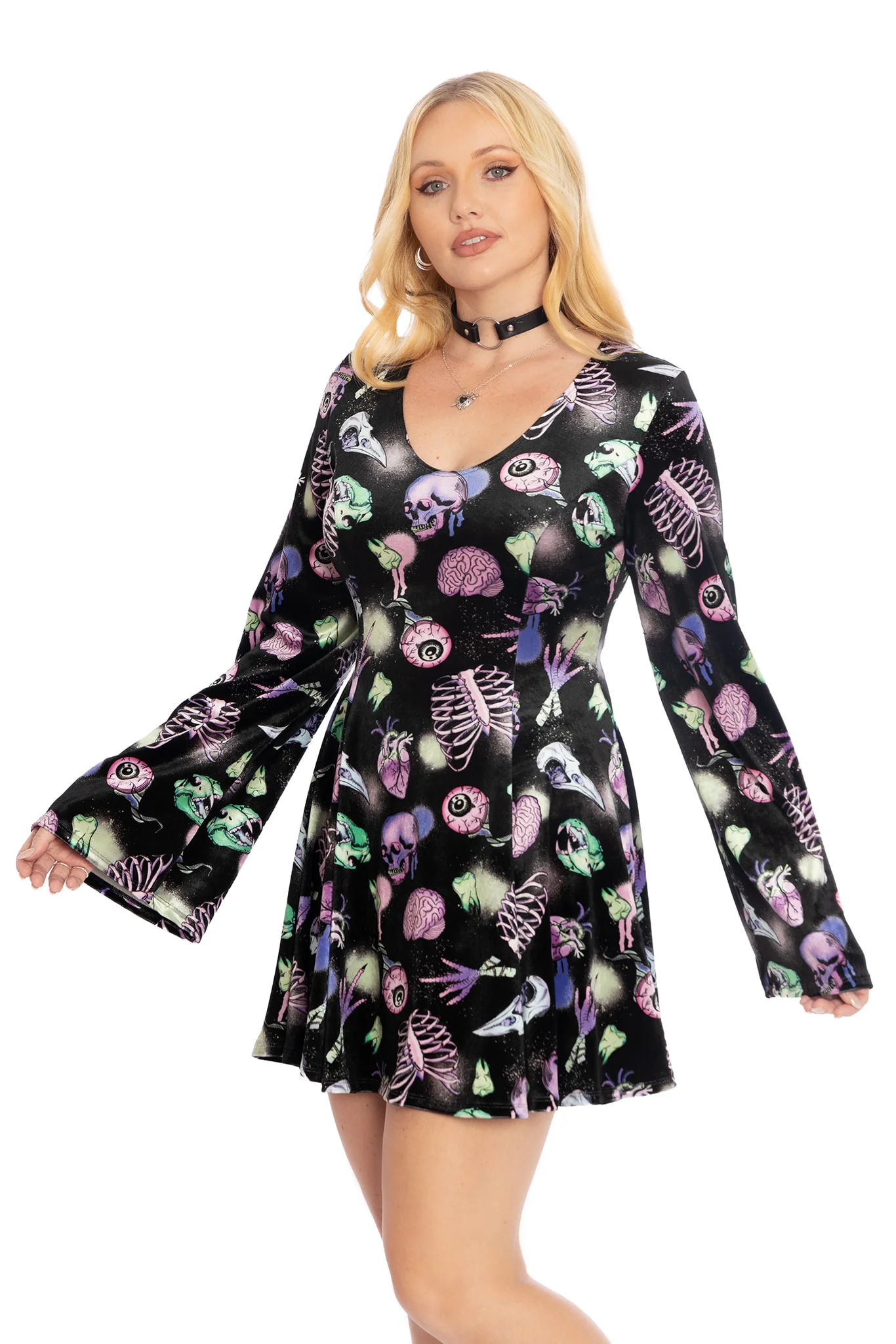 Neonatomy Velvet Flare Evil Mini Skater Dress - Image 7