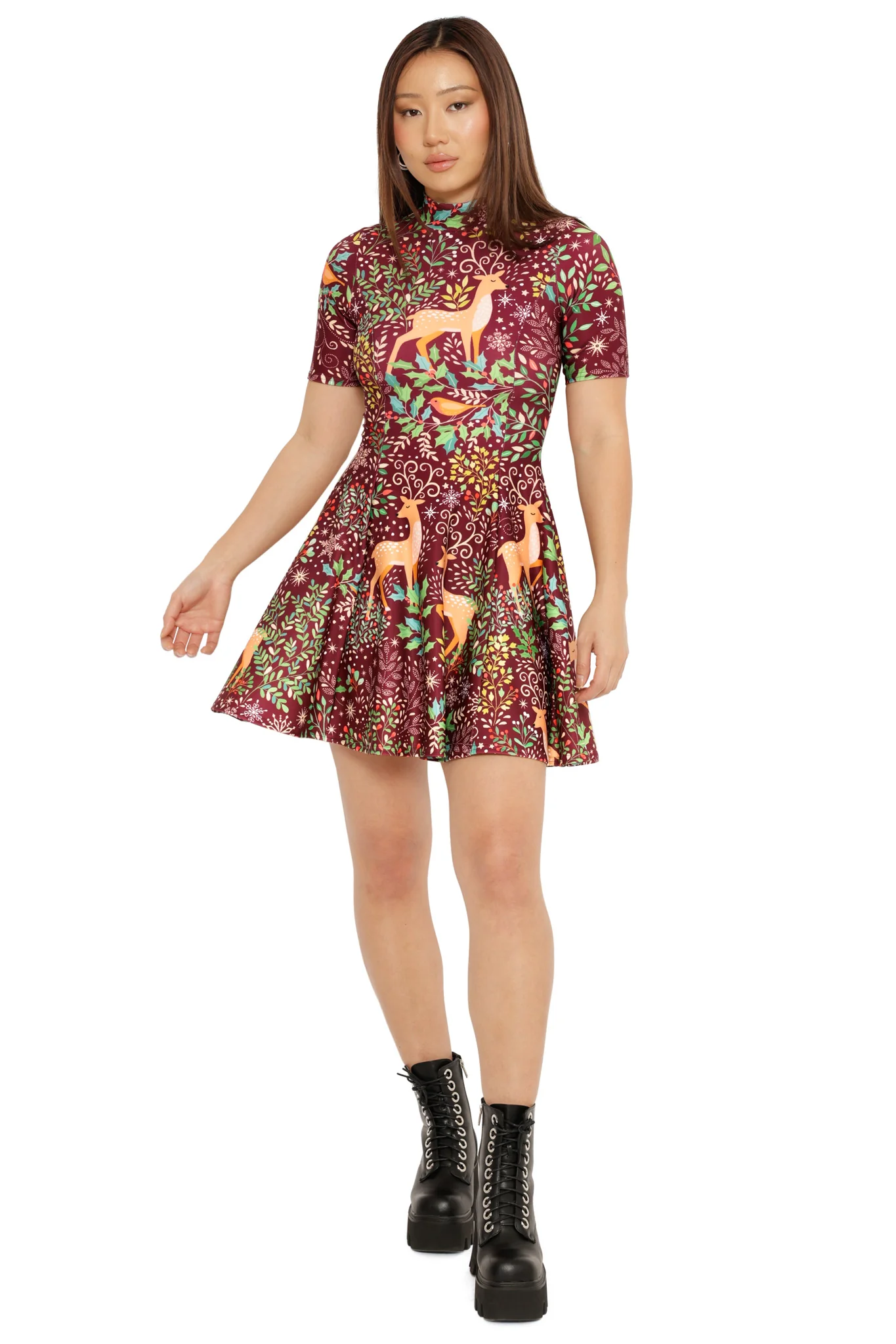 Oh Deer High Neck Short Sleeve Evil Skater Dress