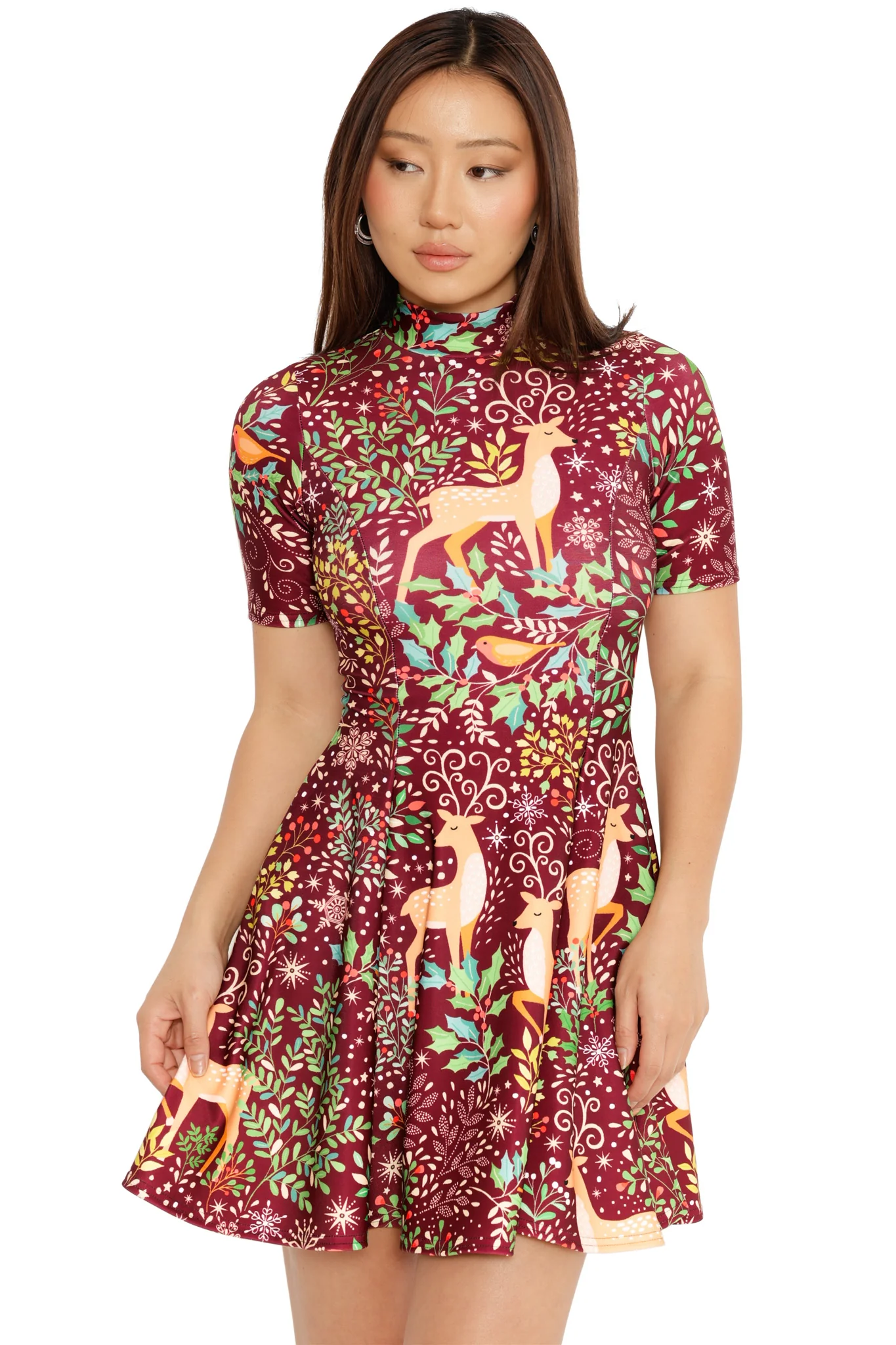 Oh Deer High Neck Short Sleeve Evil Skater Dress - Image 4