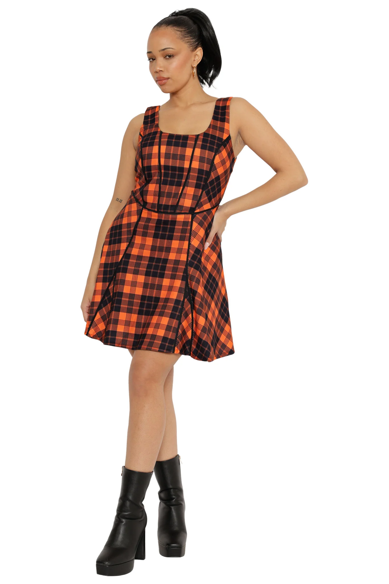 Orange Trick-or-Tartan Skater Dress - Image 3