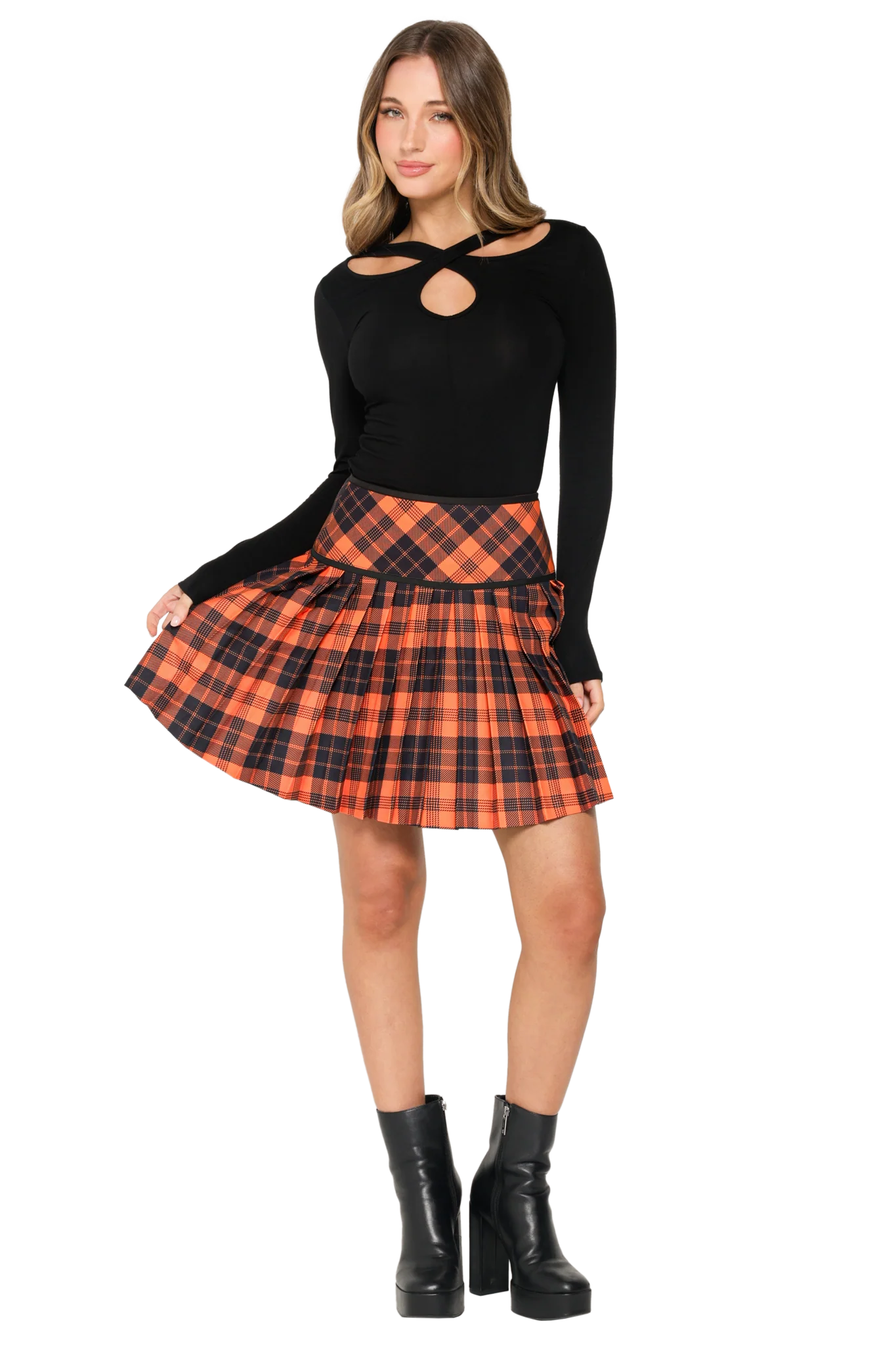 Orange Trick-or-Tartan Woven Pleated Skirt