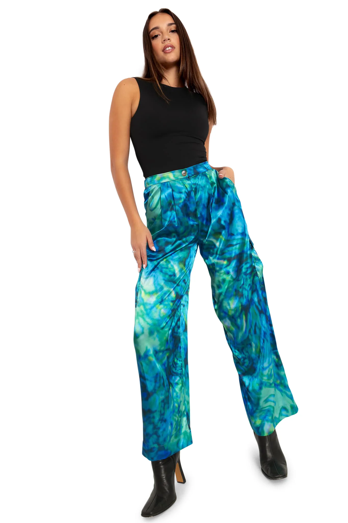 Paua Shell Wide Leg Satin Cargo Pants
