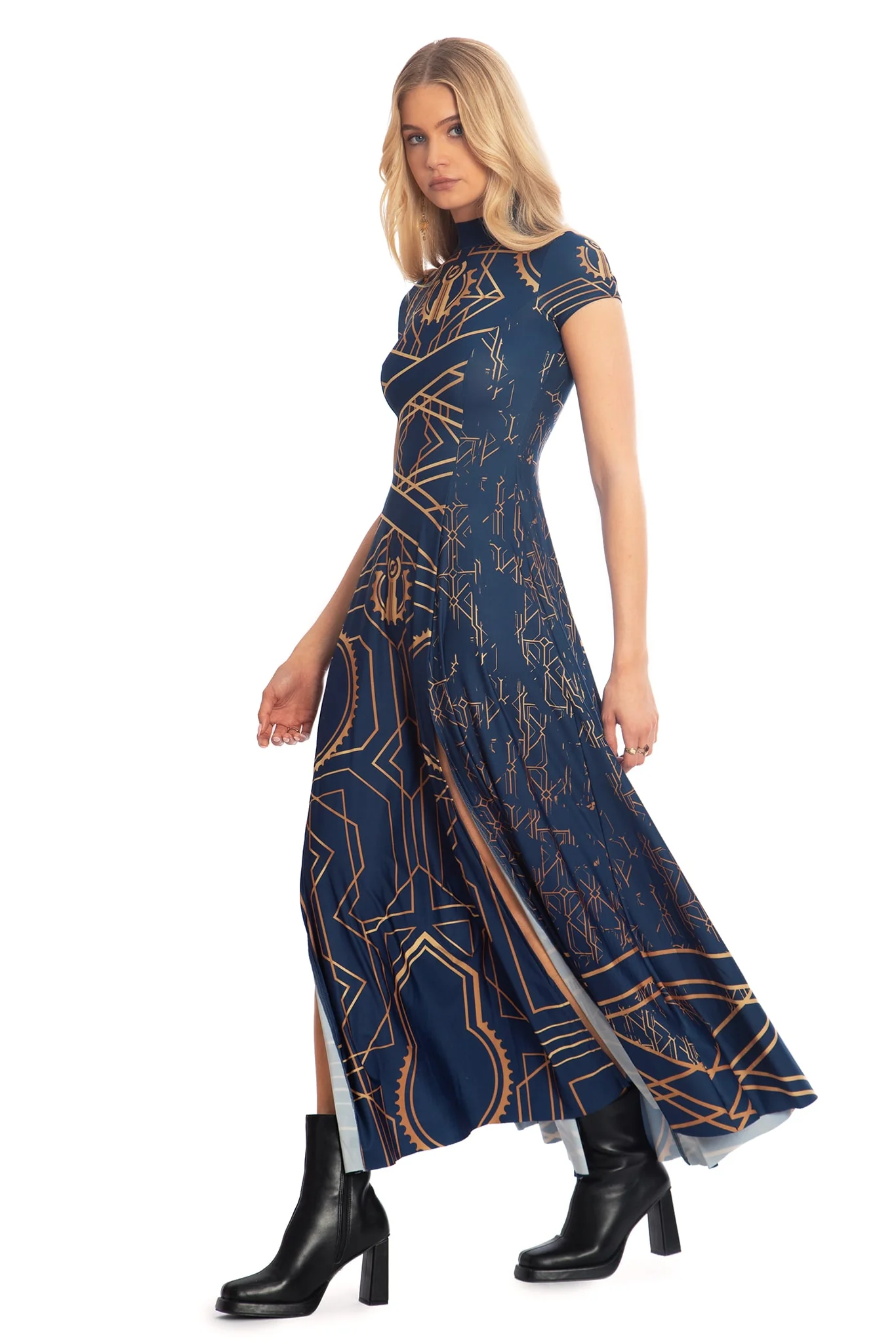 Piltover High Neck Cap Sleeve Split Maxi Dress - Image 5