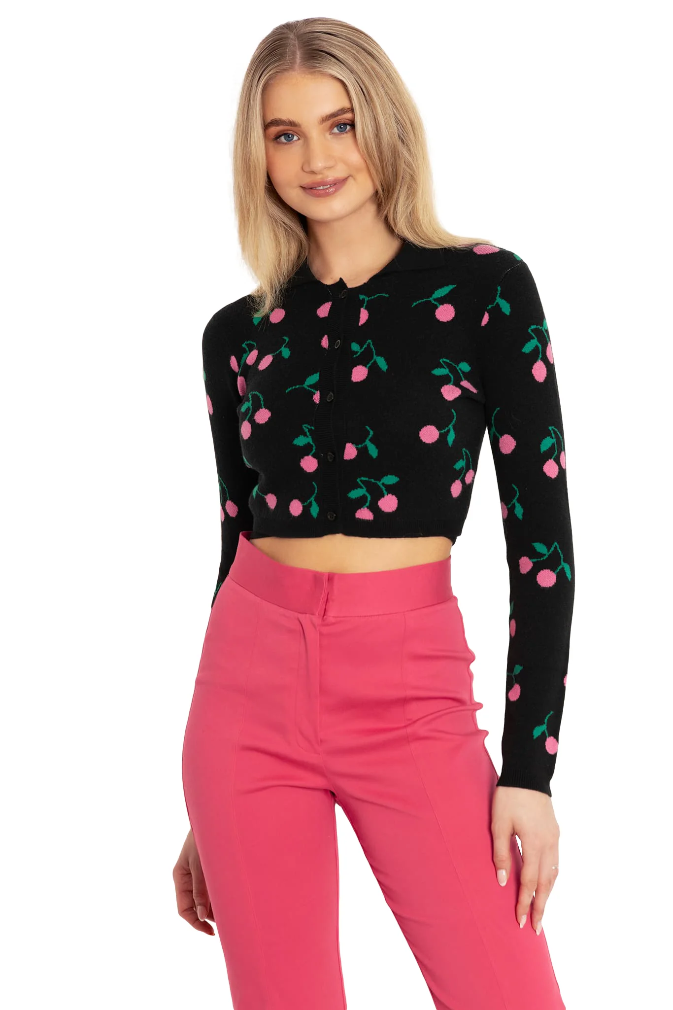 Pink Cherries Fitted Knit Cardigan