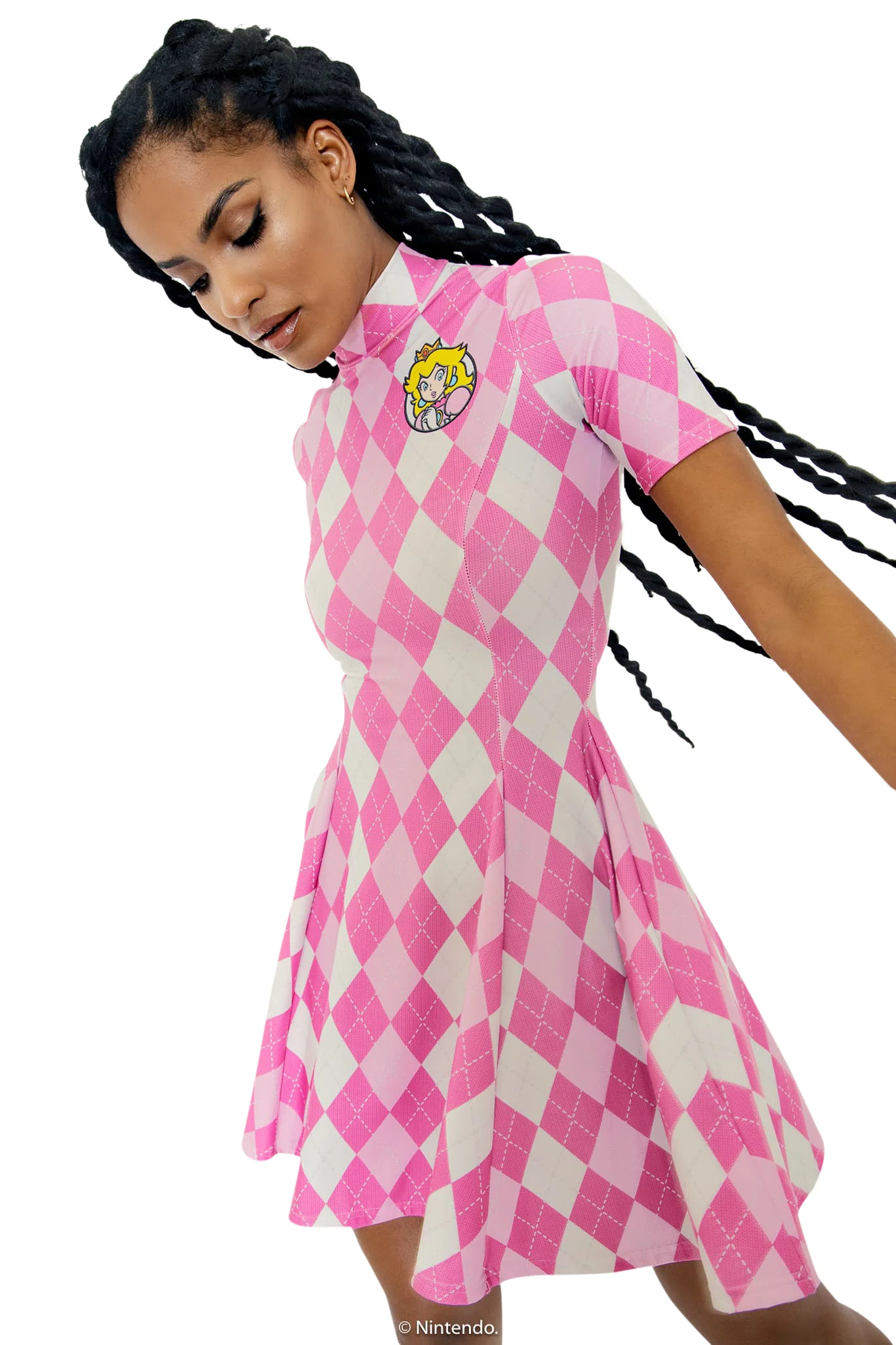 Princess Peach Argyle Short Sleeve Evil Mini Skater Dress - Image 6