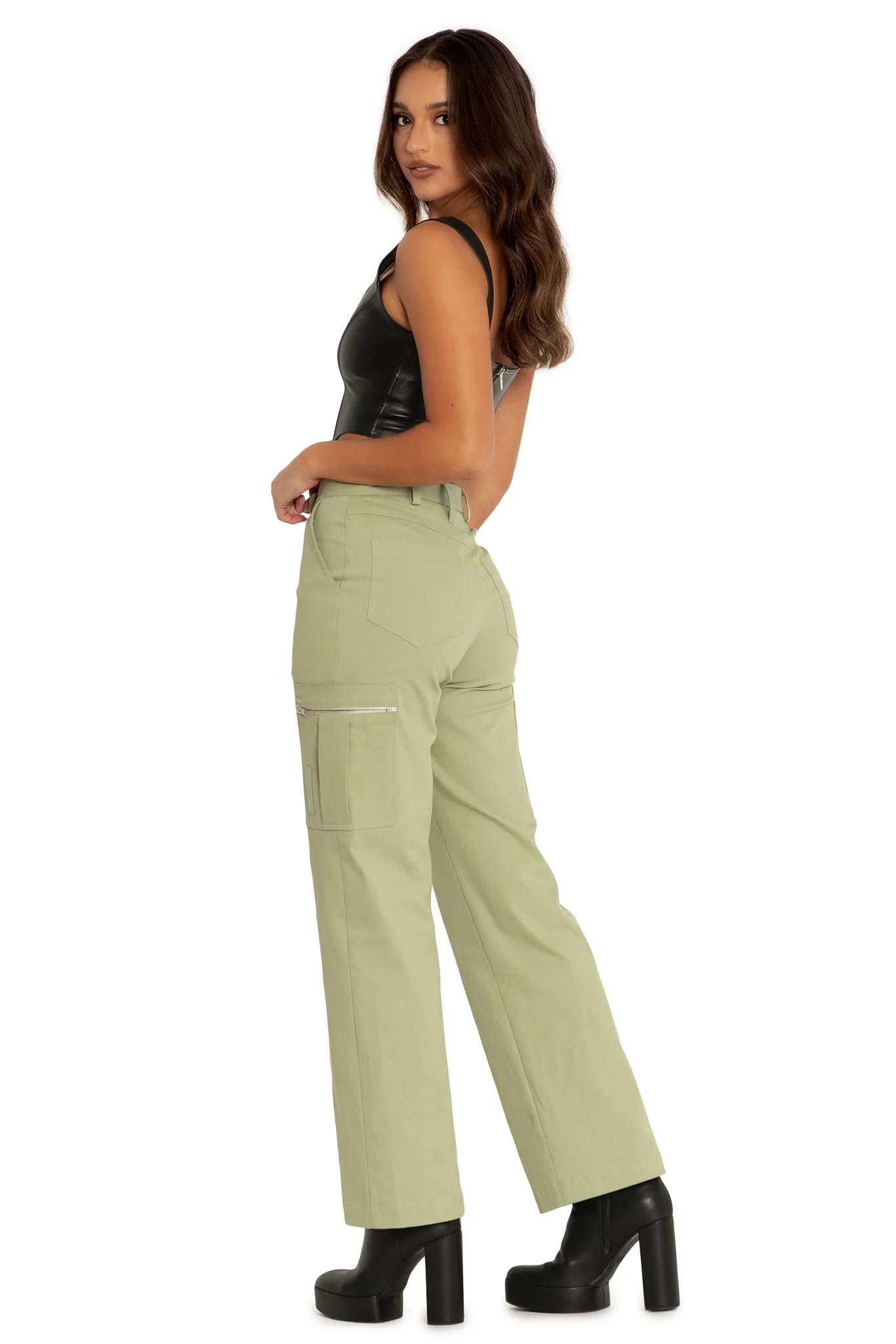 Sage Wide Leg Satin Cargo Pants - Image 5