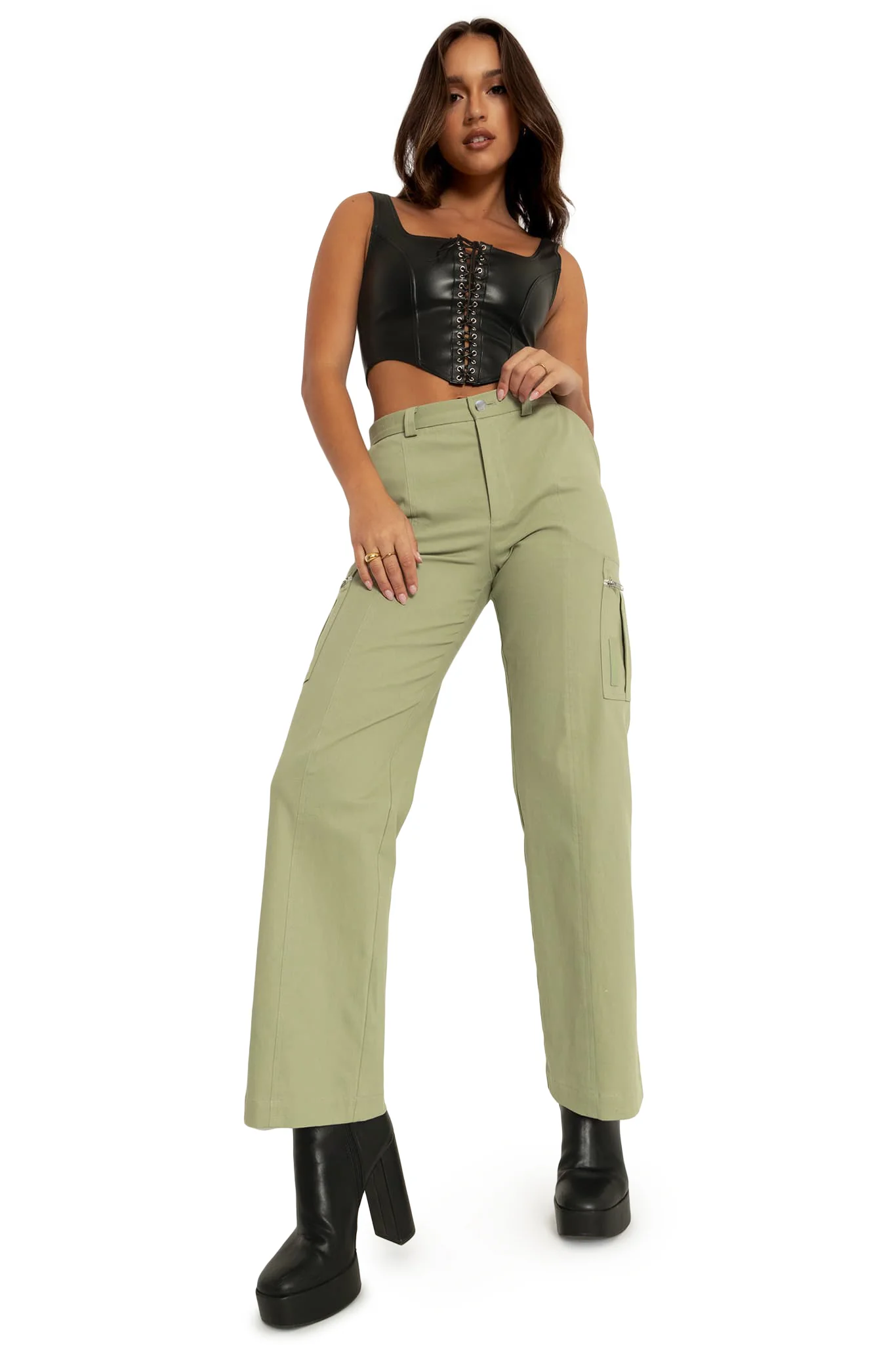 Sage Wide Leg Satin Cargo Pants - Image 8