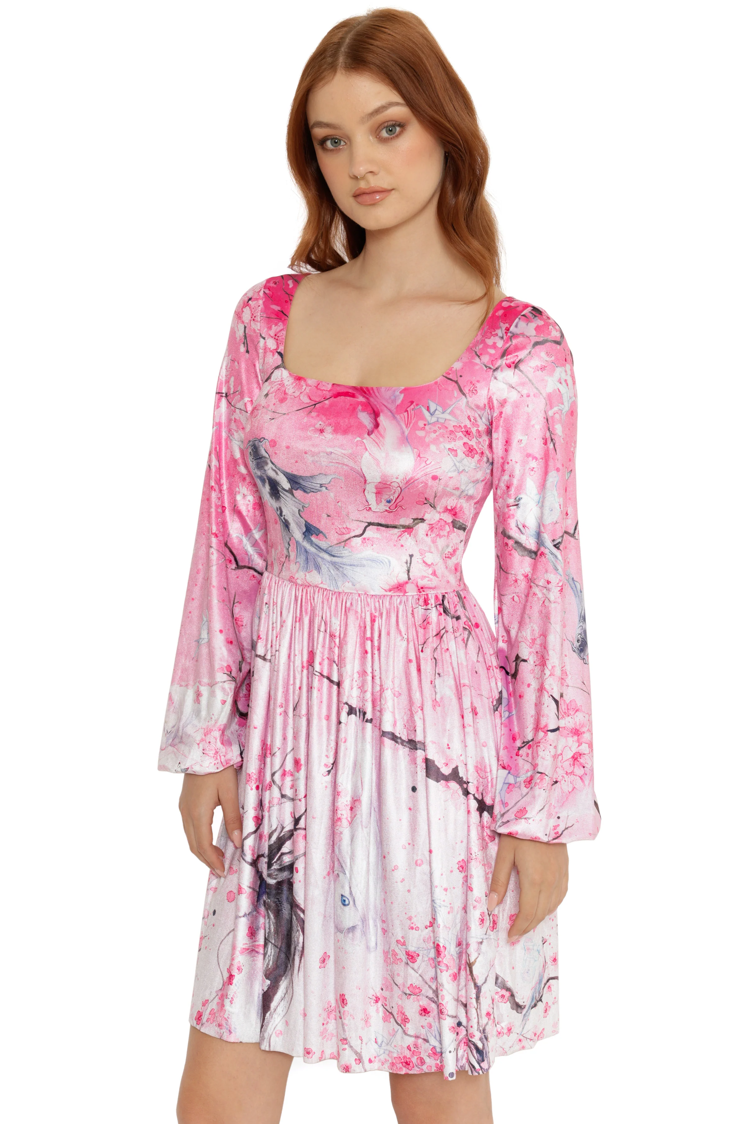 Sakura Blossoms Ying Yang Velvet Bishop Sleeve Longline Dress - Image 4