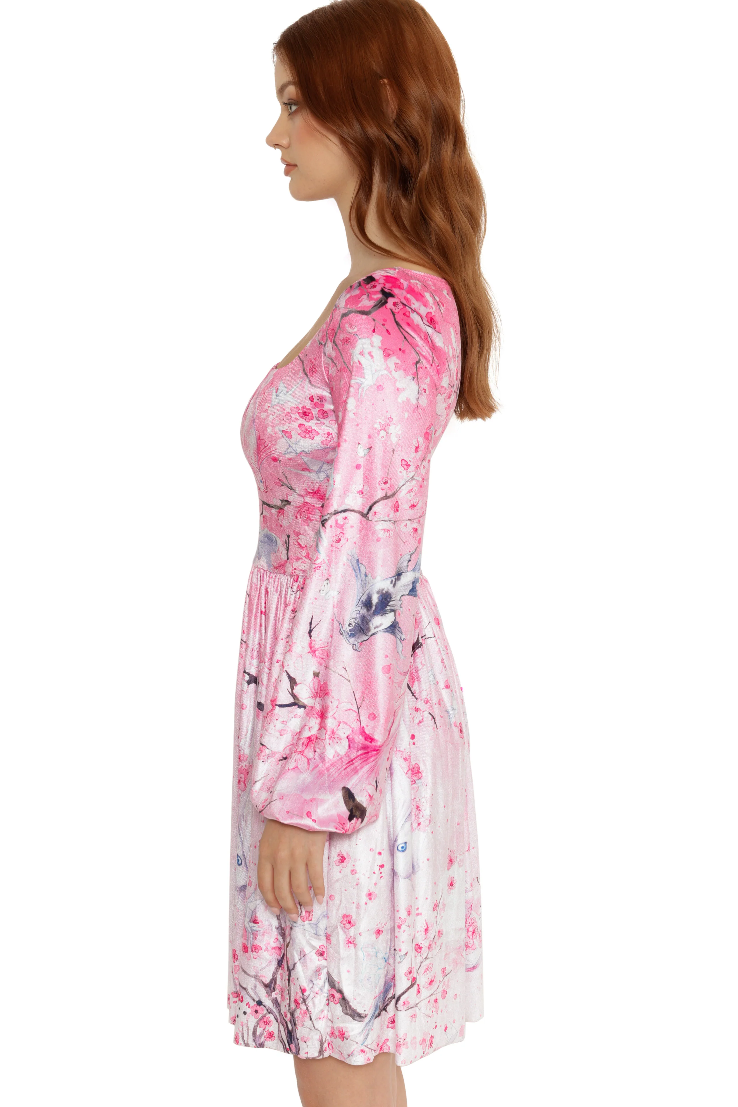 Sakura Blossoms Ying Yang Velvet Bishop Sleeve Longline Dress - Image 5
