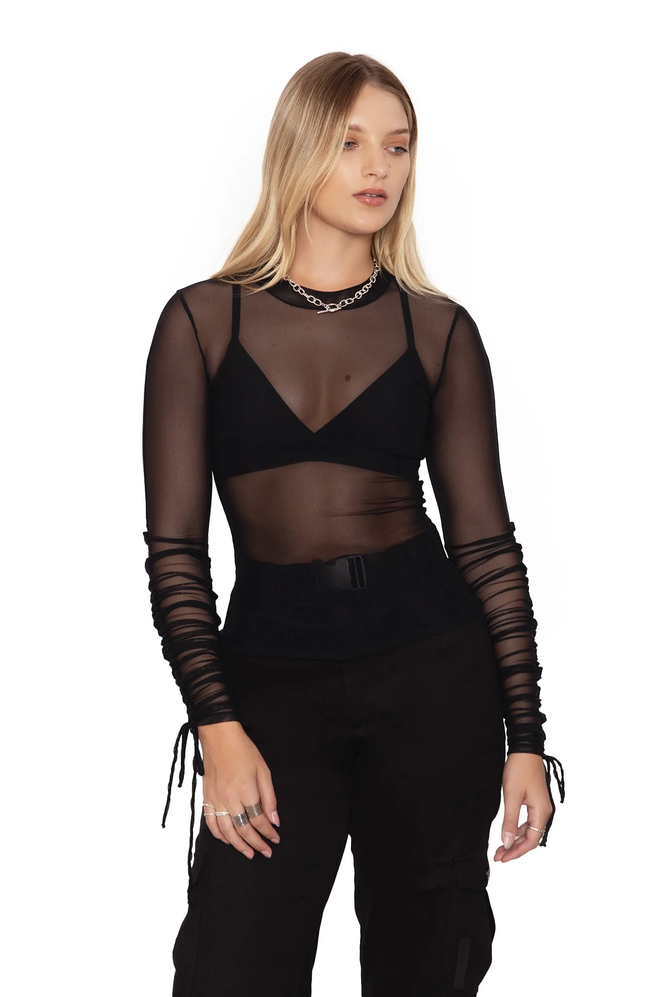 Sheer High Neck Long Sleeve Ruched Top - Image 6