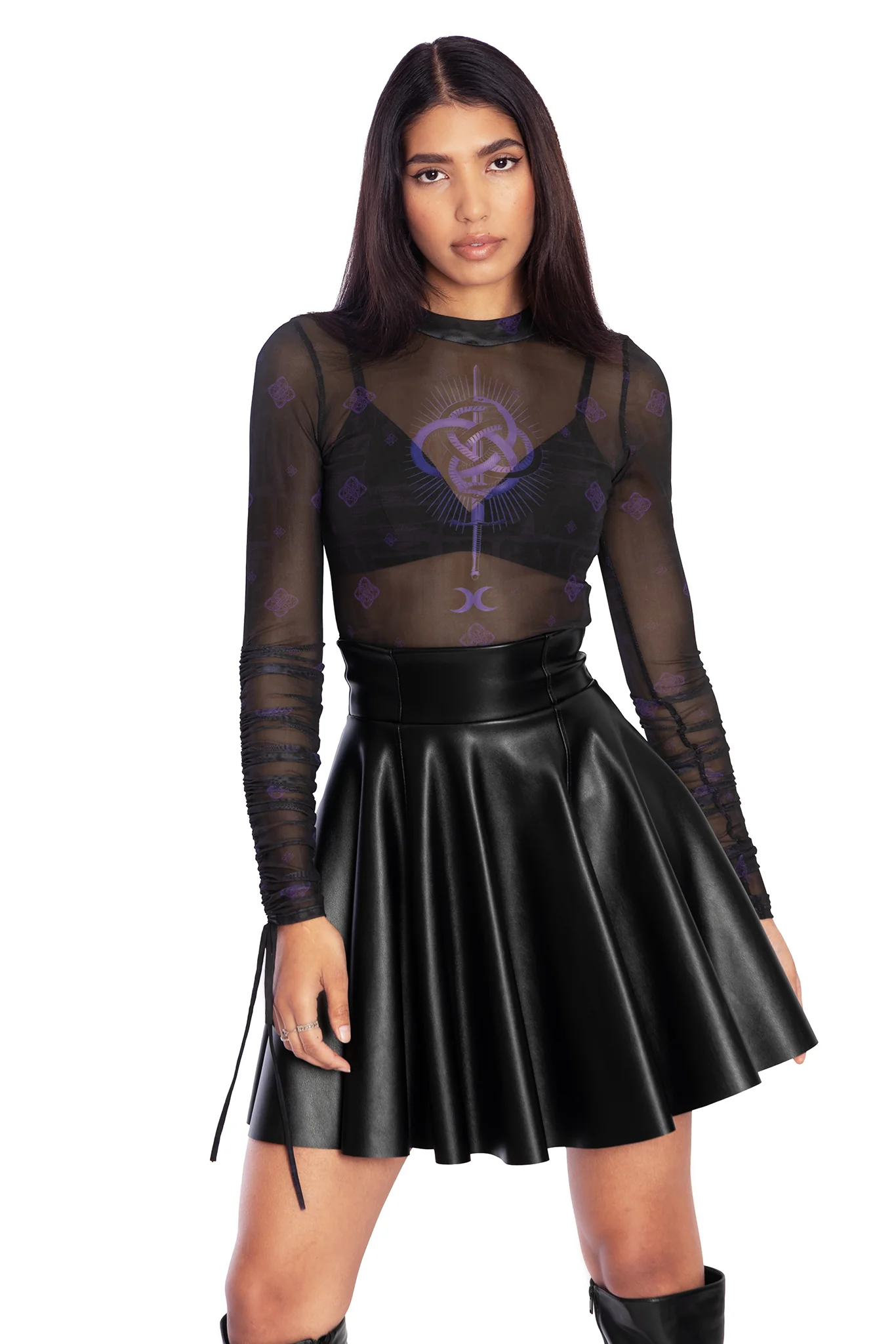 Infinity Snake Sheer High Neck Long Sleeve Ruched Top