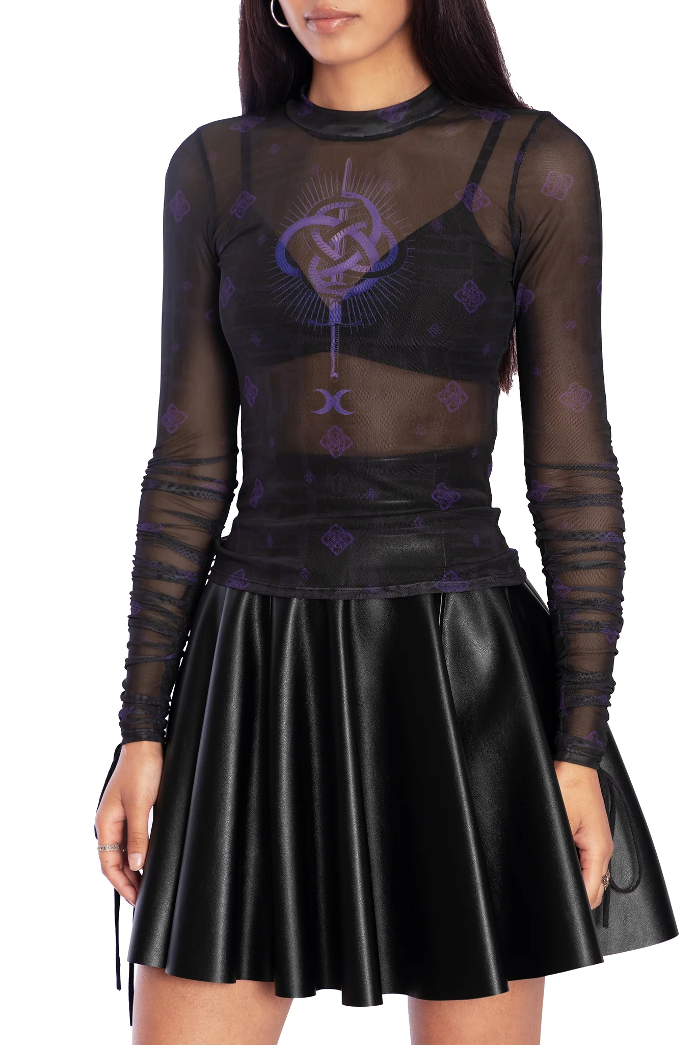 Infinity Snake Sheer High Neck Long Sleeve Ruched Top - Image 3