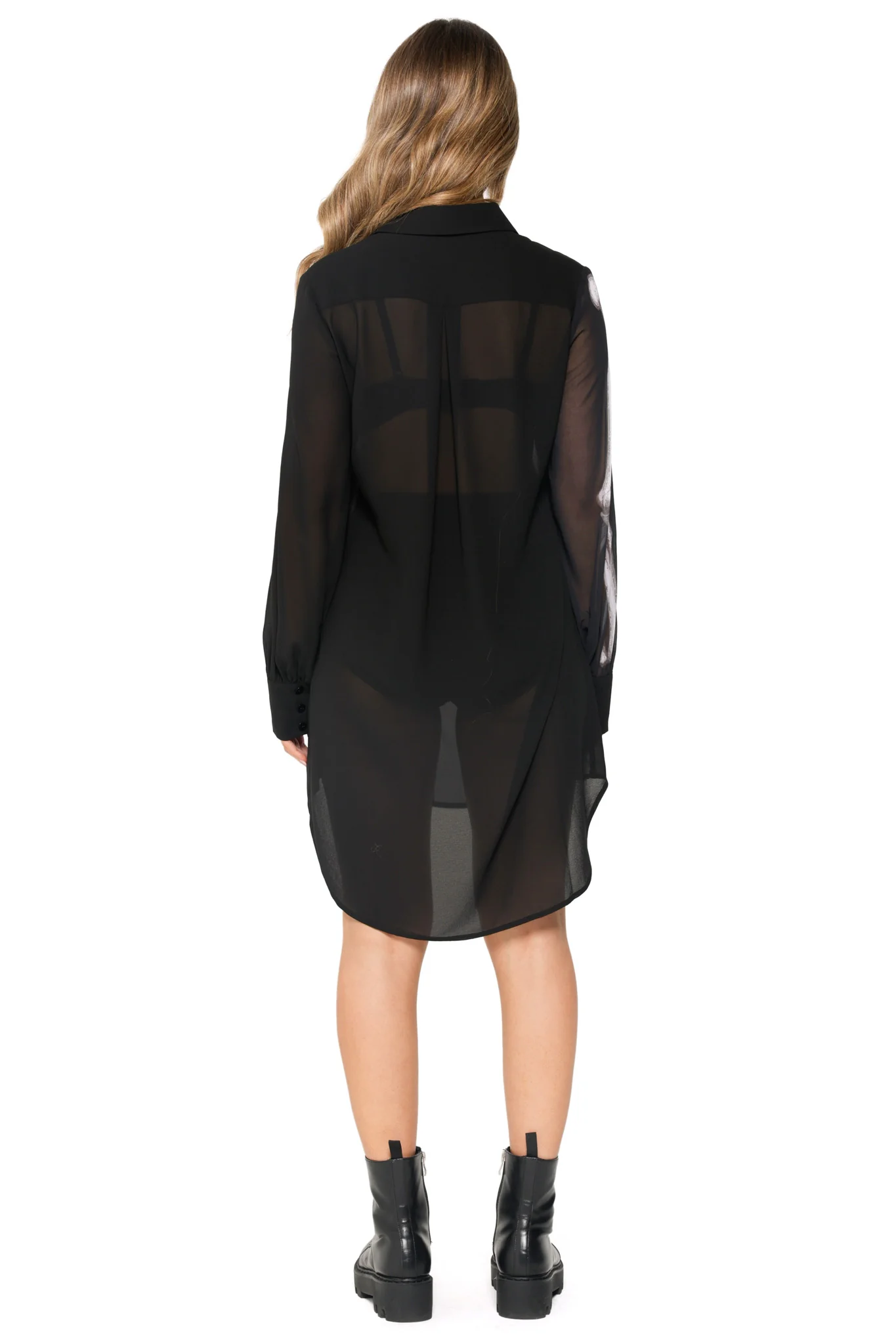 Sheer Ribs Long Sleeve Buttoned Shirt Dress - Image 5