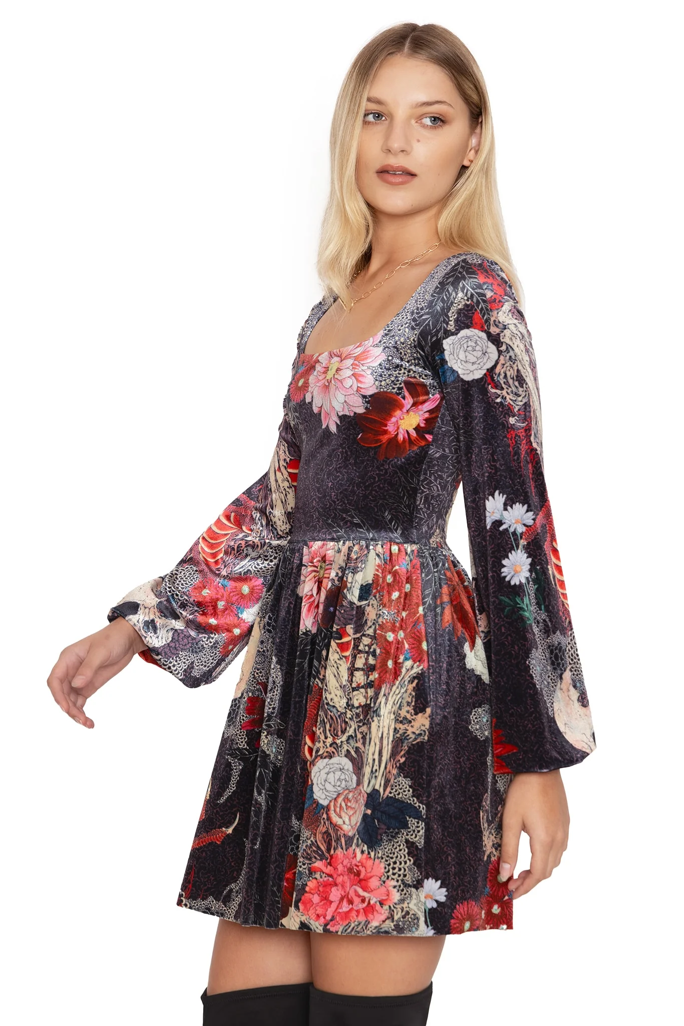 Spirit Of A Dragon Velvet Squared Up Bishop Skater Dress - Image 4