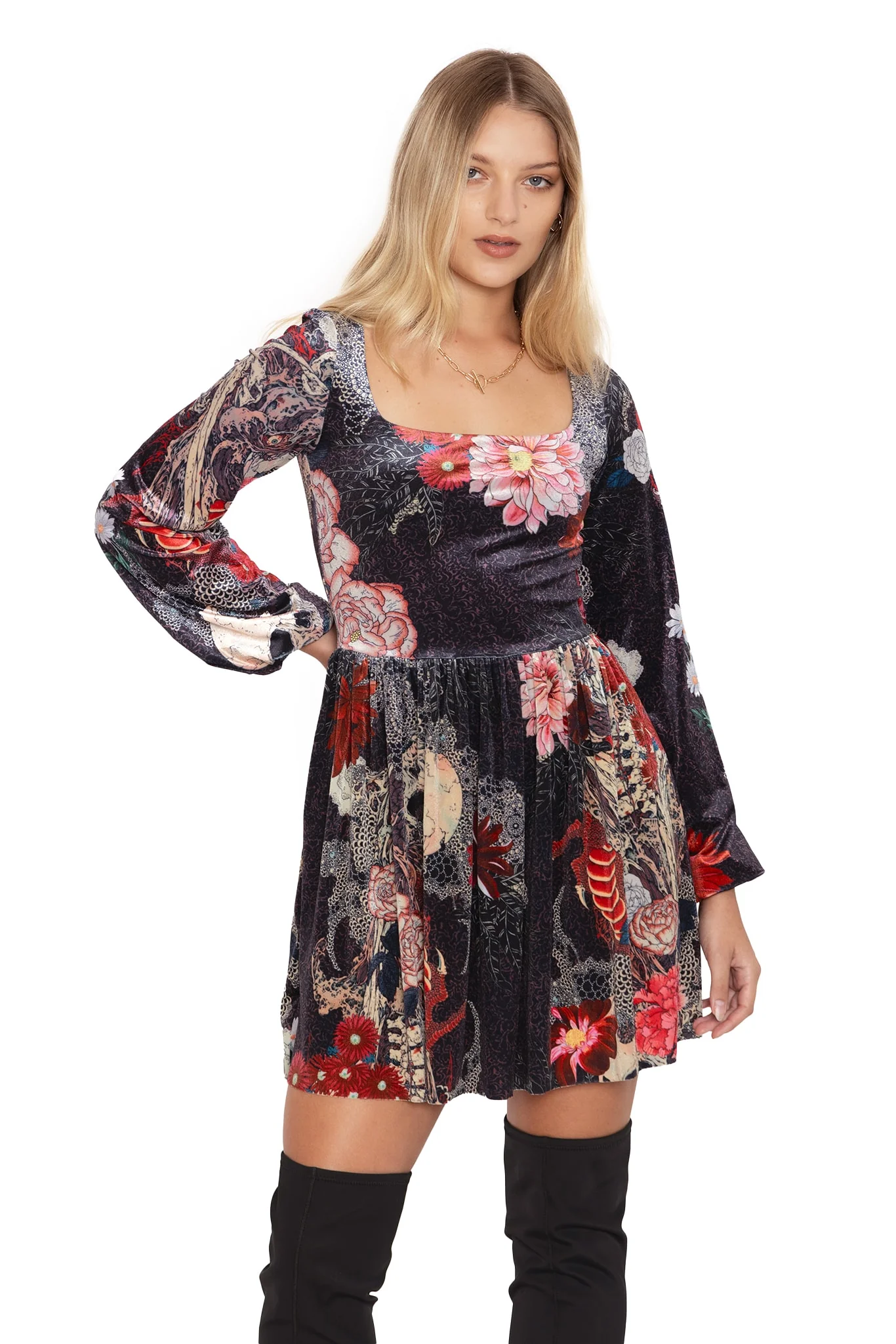 Spirit Of A Dragon Velvet Squared Up Bishop Skater Dress - Image 5