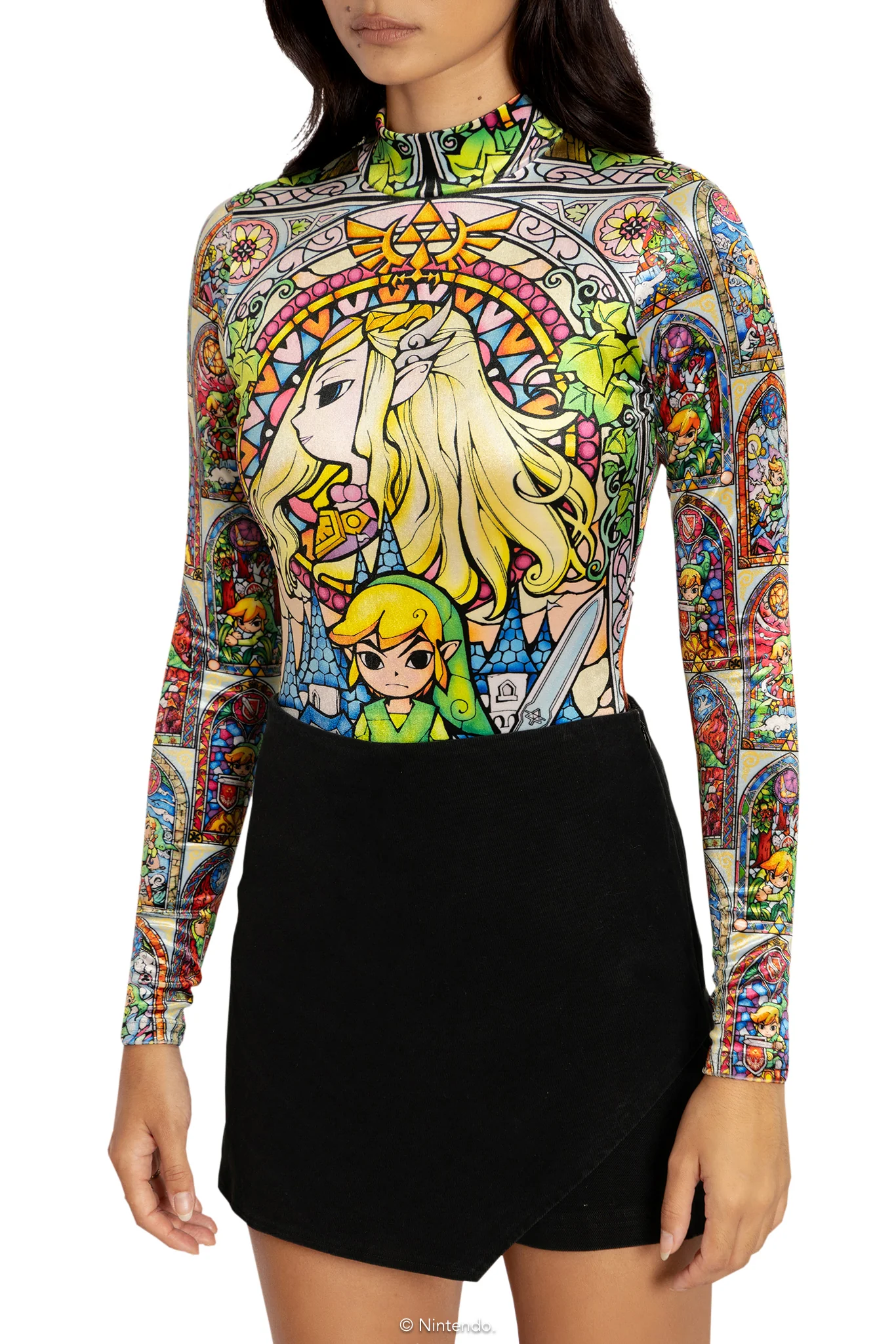 Stained Glass Hyrule Velvet Long Sleeve Bodysuit - Image 3