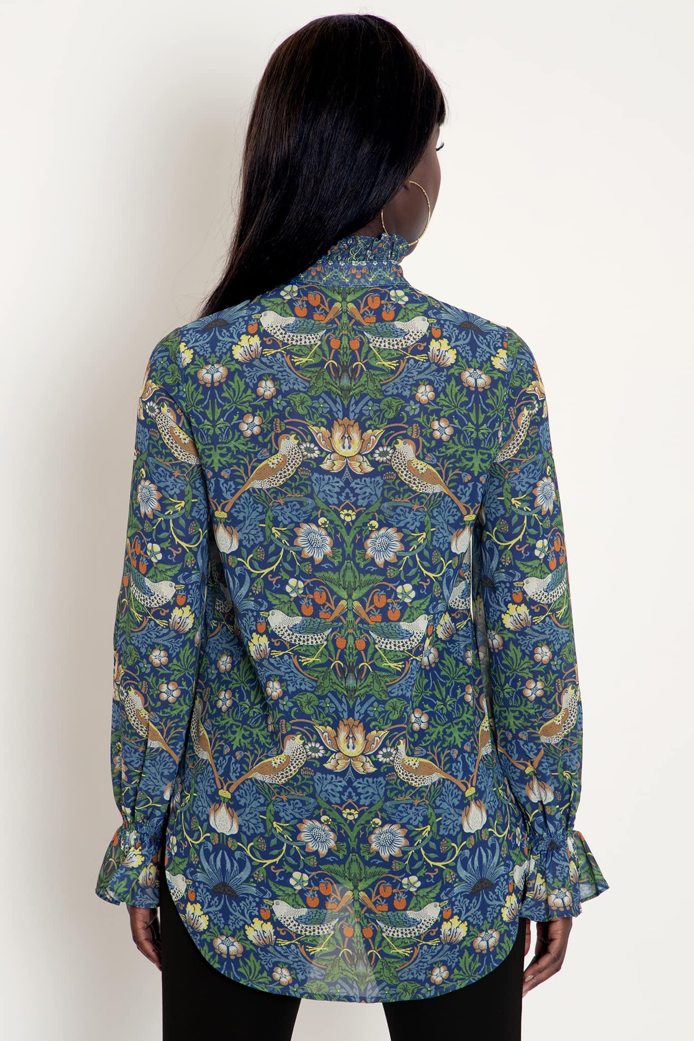 Strawberry Thief Blue Sheer Ruffle Shirt - Image 4
