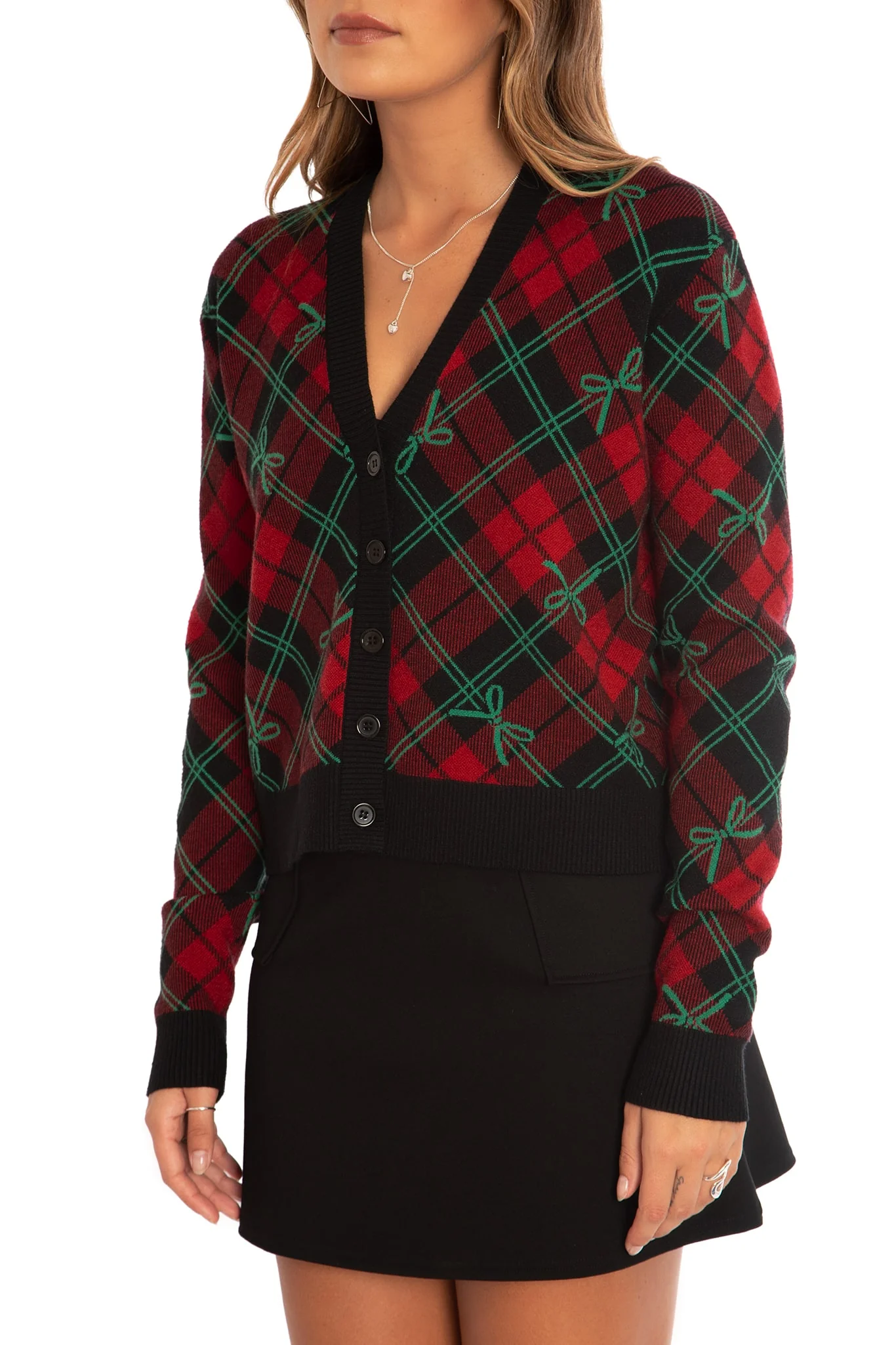 Tartan Bow Cropped Cardigan - Image 3