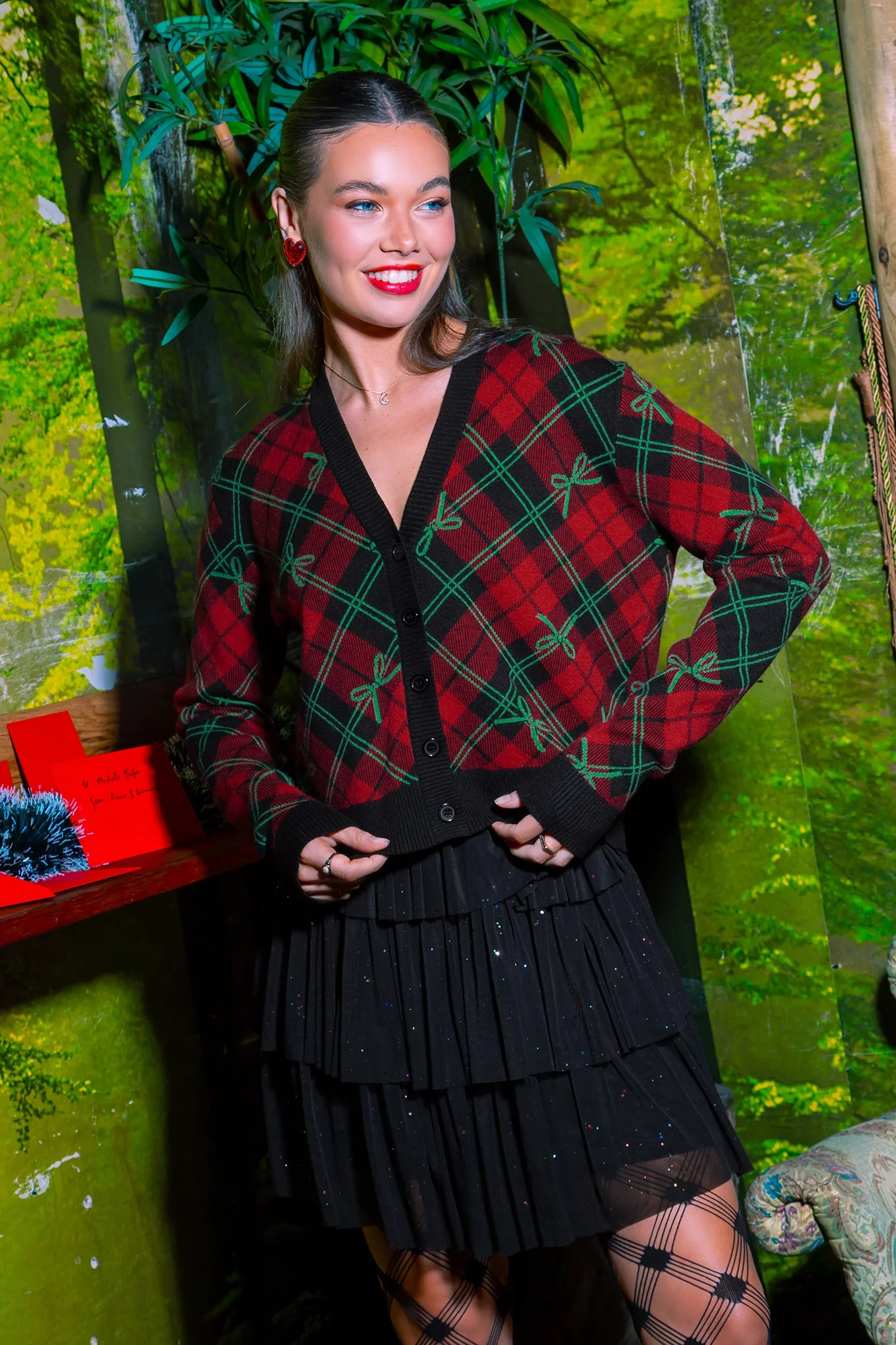 Tartan Bow Cropped Cardigan - Image 4