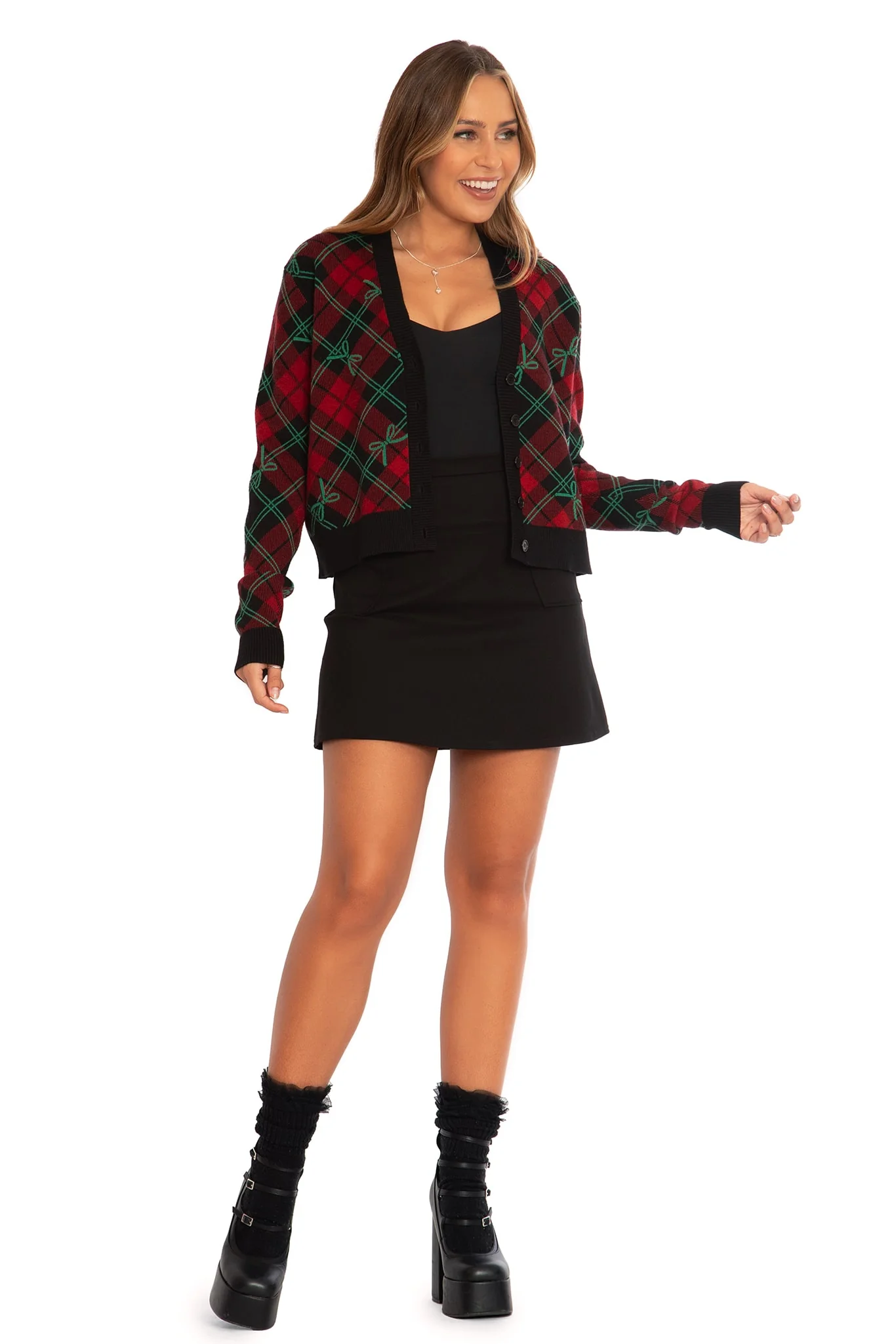 Tartan Bow Cropped Cardigan - Image 6
