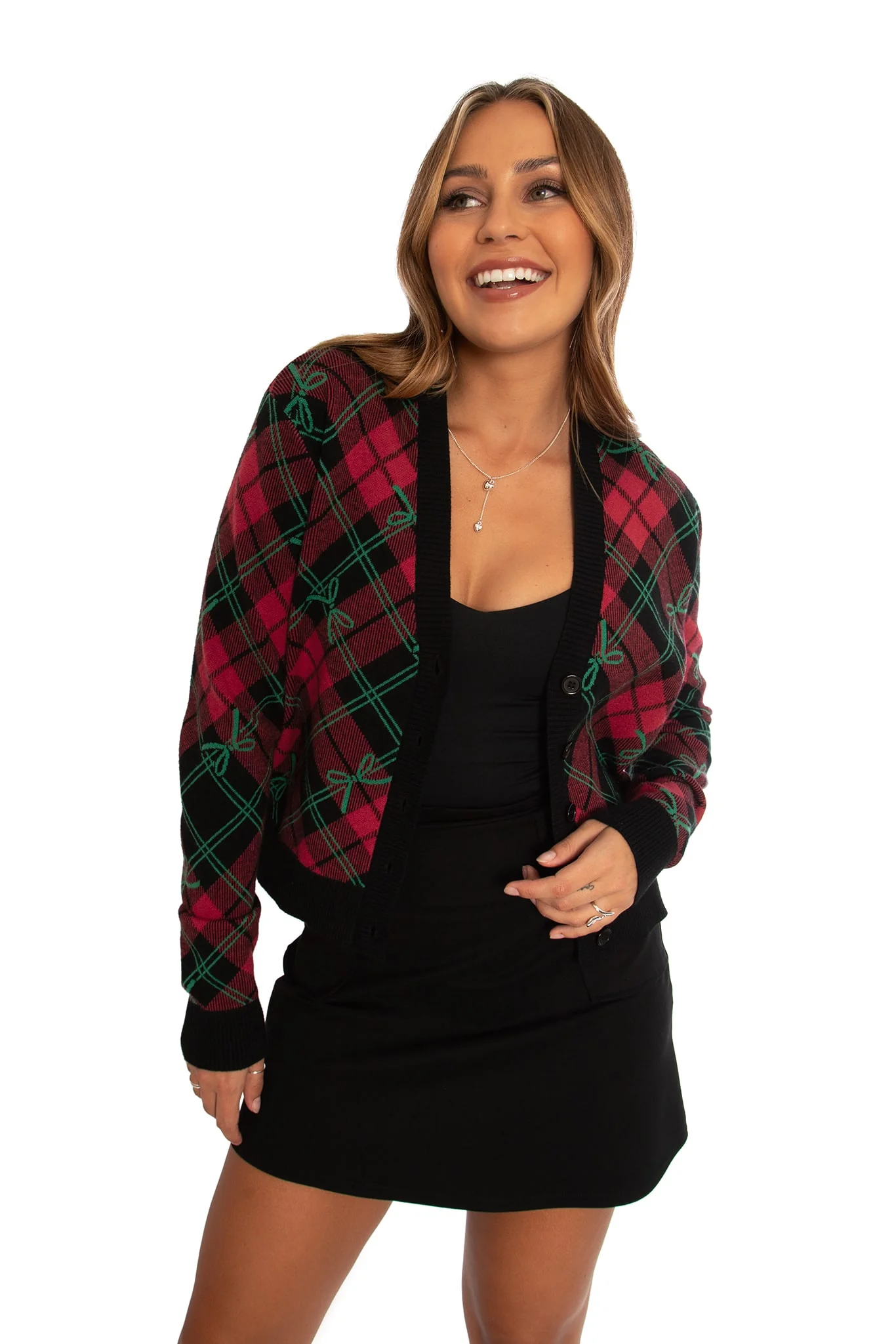 Tartan Bow Cropped Cardigan - Image 7