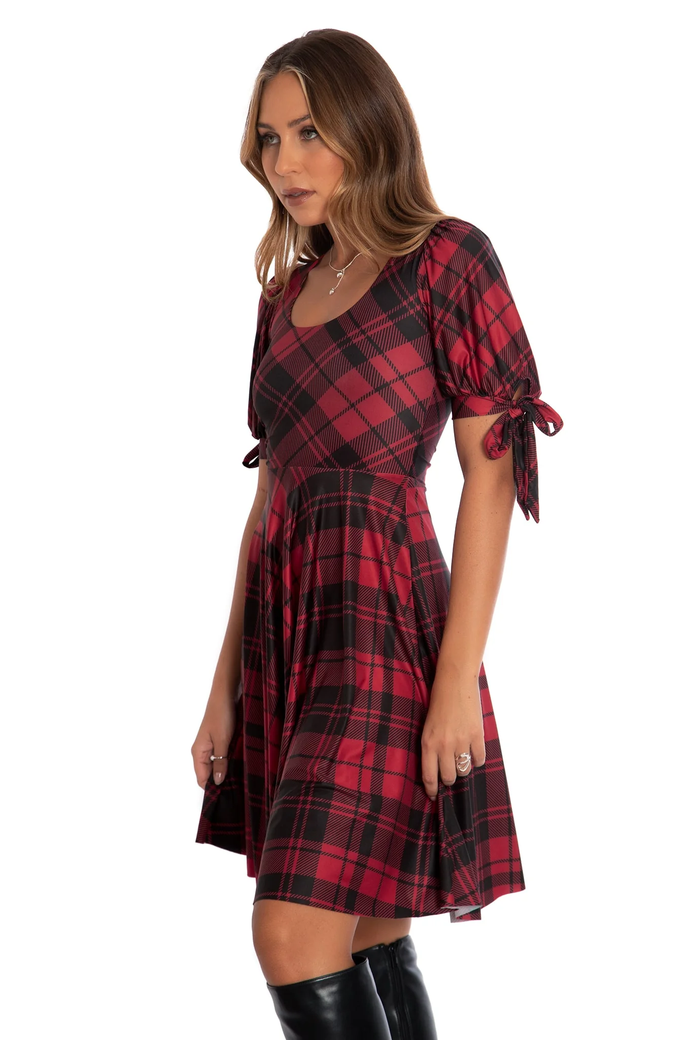 Tartan Crimson Tie Sleeve Longline Dress - Image 5