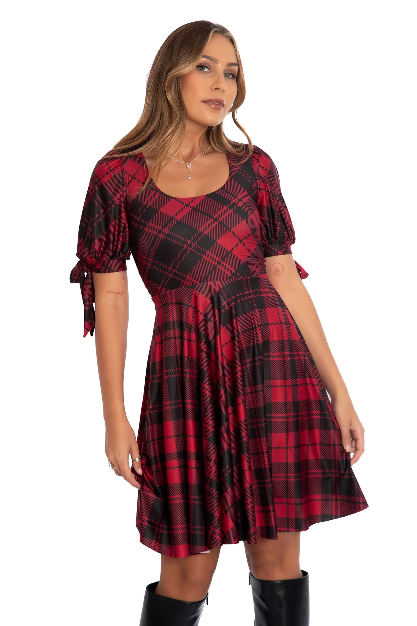 Tartan Crimson Tie Sleeve Longline Dress - Image 6