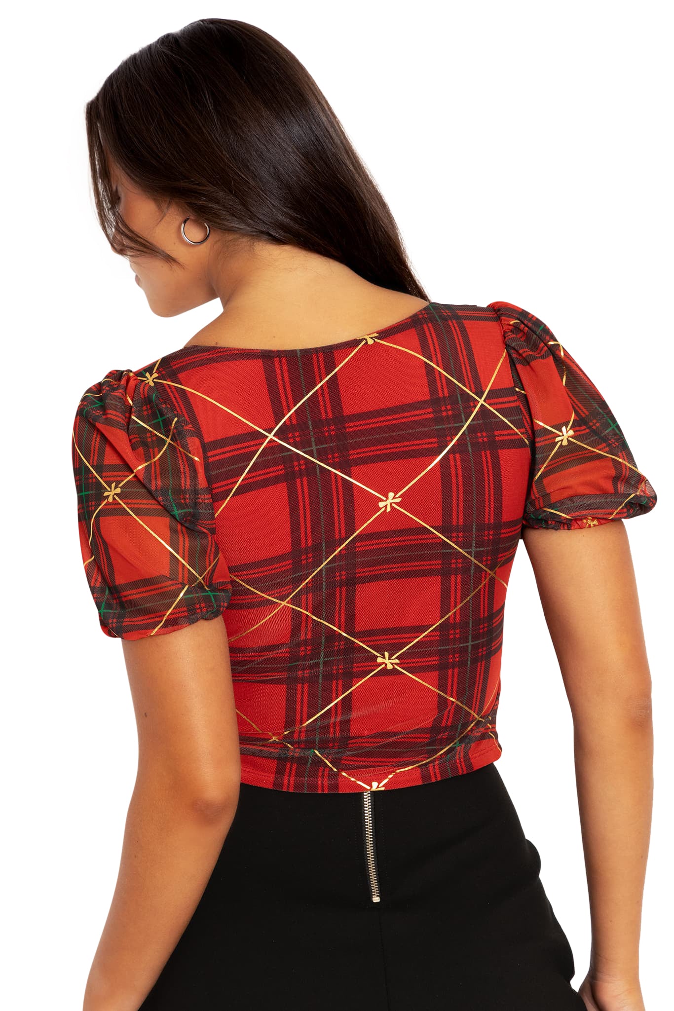 Tartan Gift Wrap Puff Sleeve Sweetheart Top - Image 2