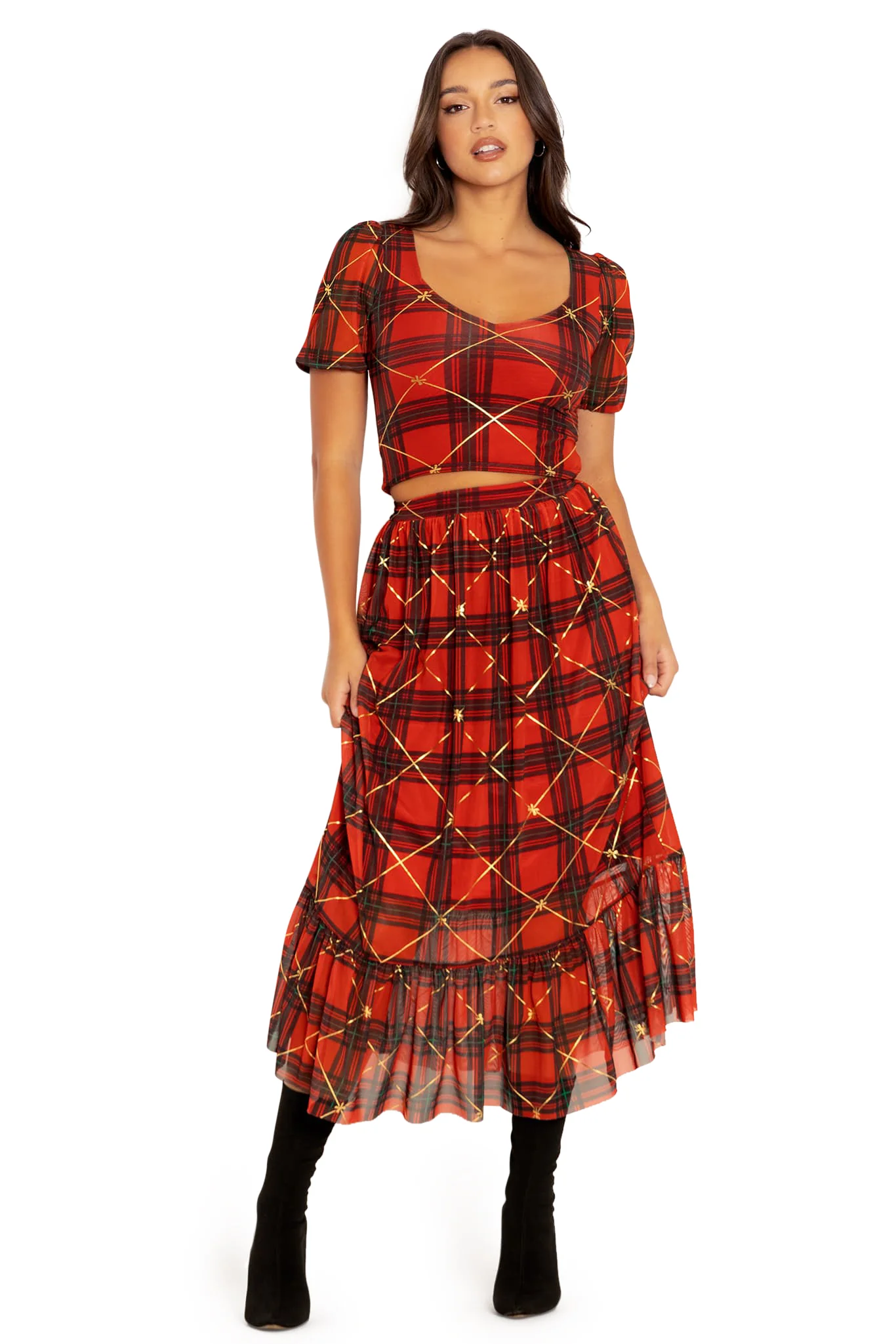 Tartan Gift Wrap Puff Sleeve Sweetheart Top - Image 4