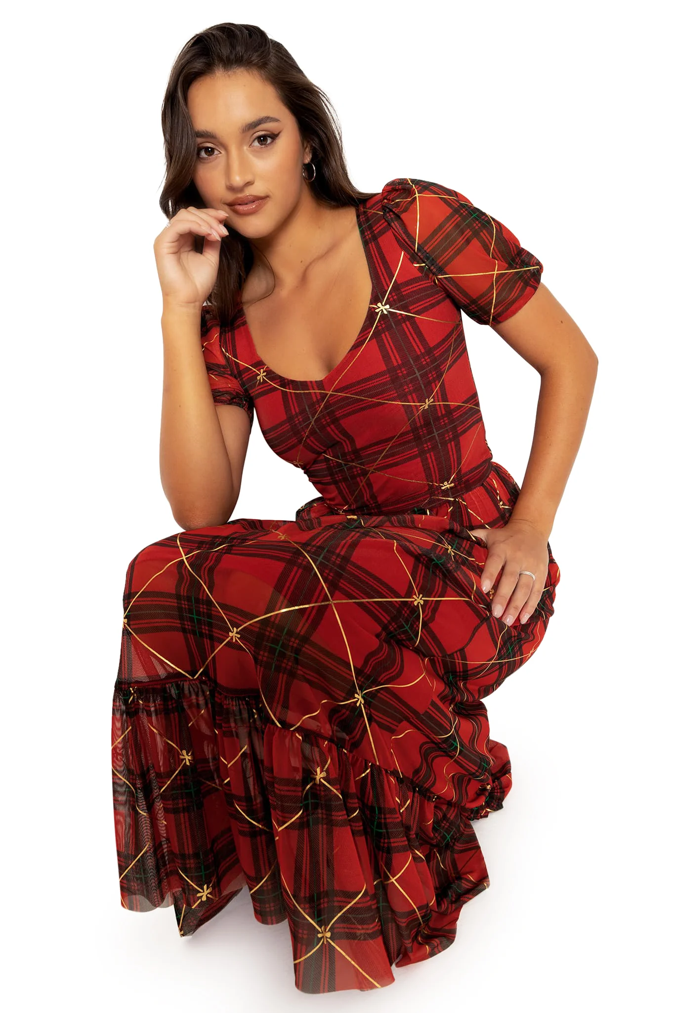 Tartan Gift Wrap Puff Sleeve Sweetheart Top - Image 7