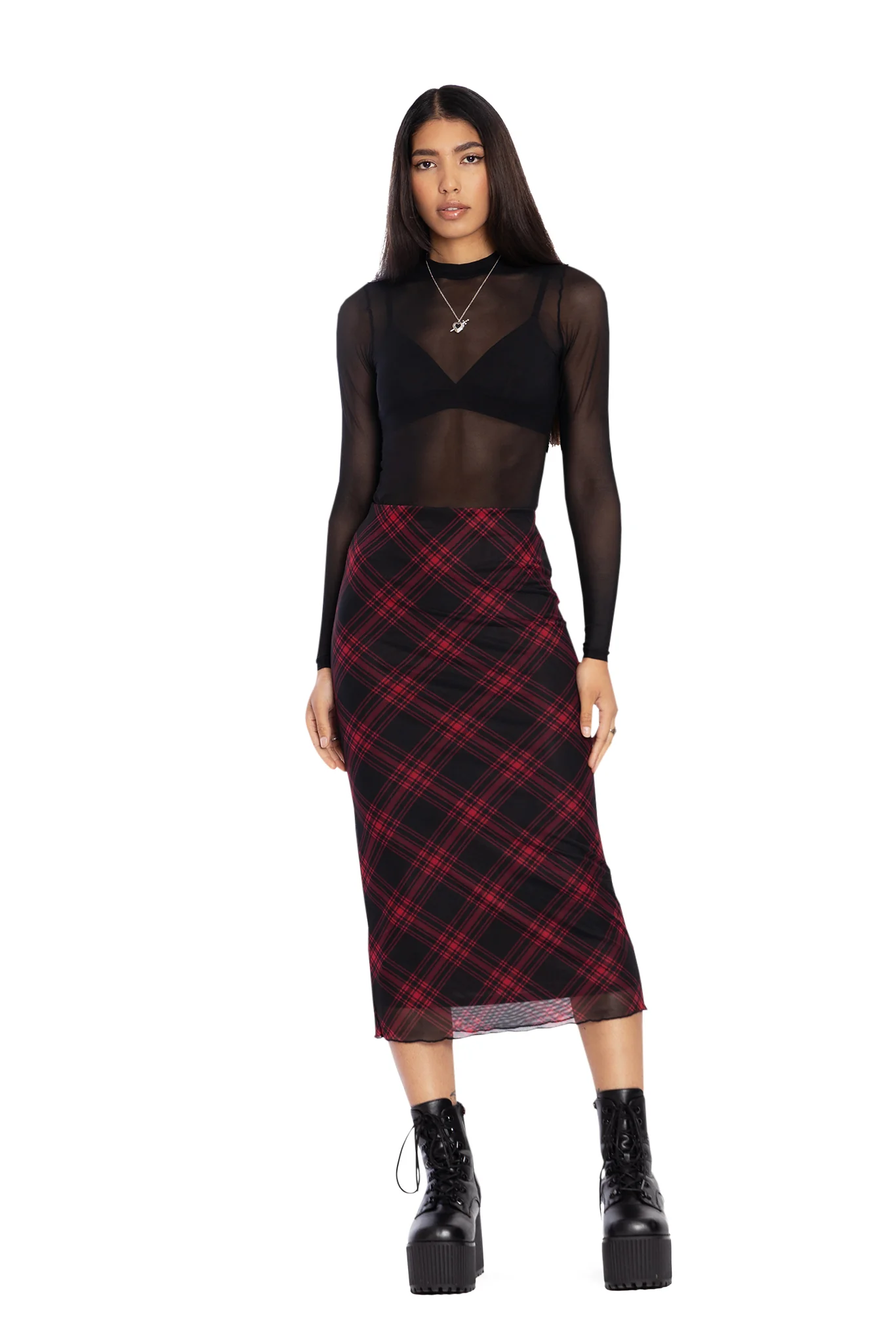 Tartan Punk Red Sheer Midaxi Tube Skirt