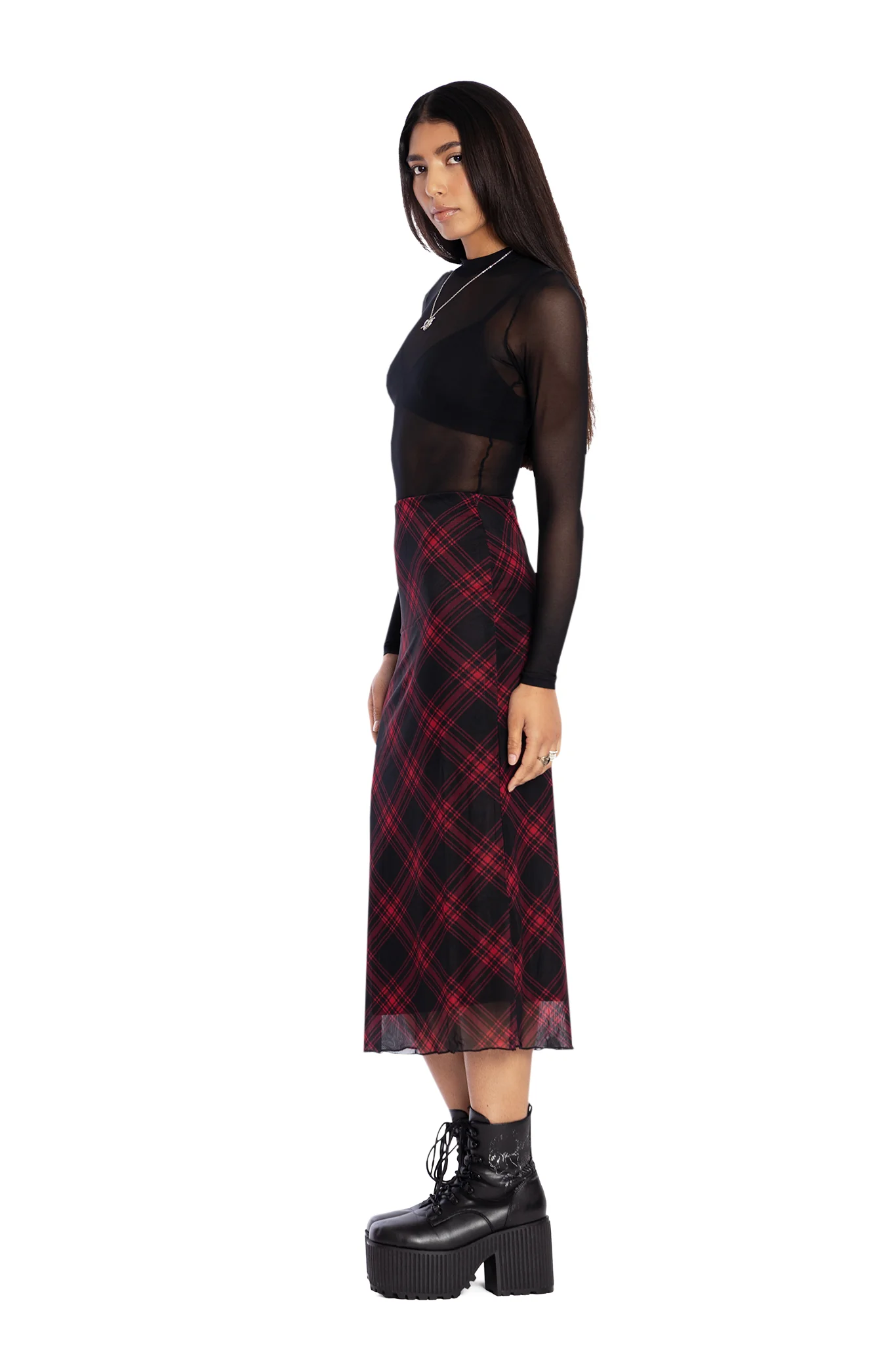 Tartan Punk Red Sheer Midaxi Tube Skirt - Image 4
