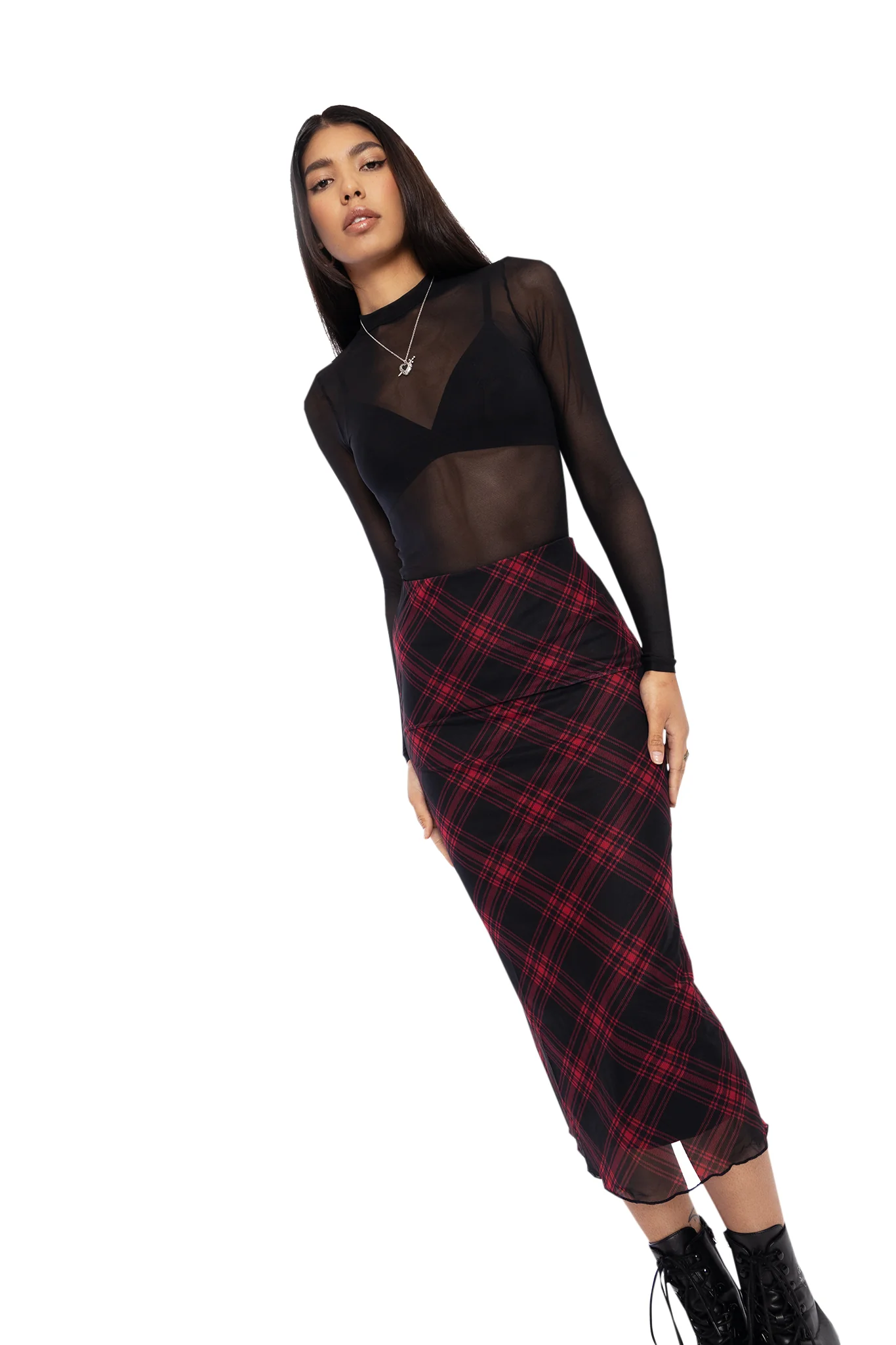 Tartan Punk Red Sheer Midaxi Tube Skirt - Image 6