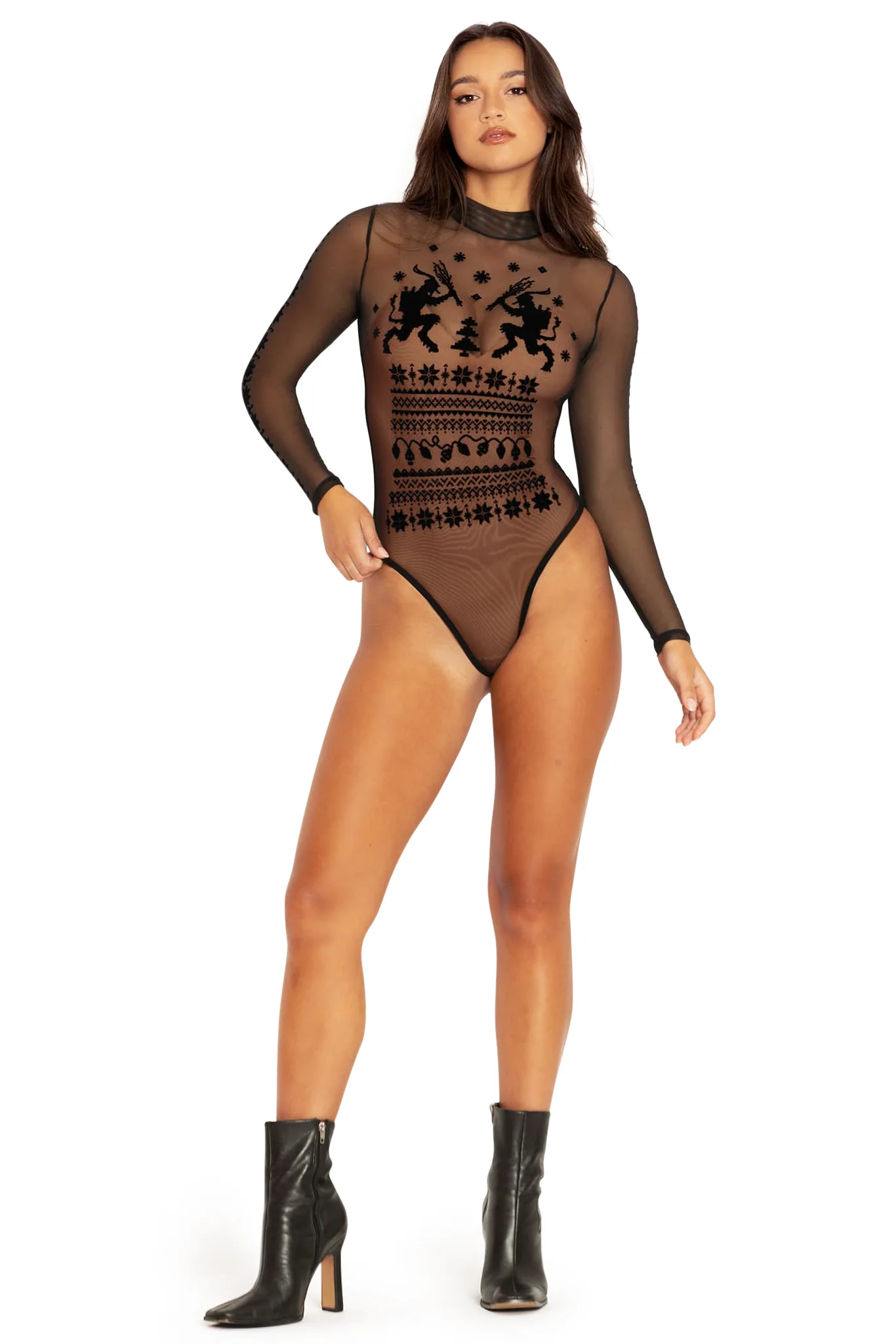 Ugly Christmas Sweater Sheer High Neck Long Sleeve Bodysuit - Image 6