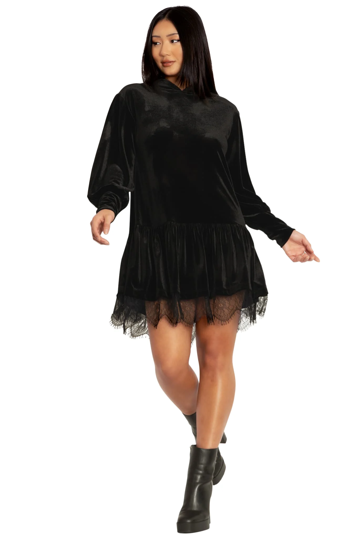 Velvet Black Hooded Sweater Dress