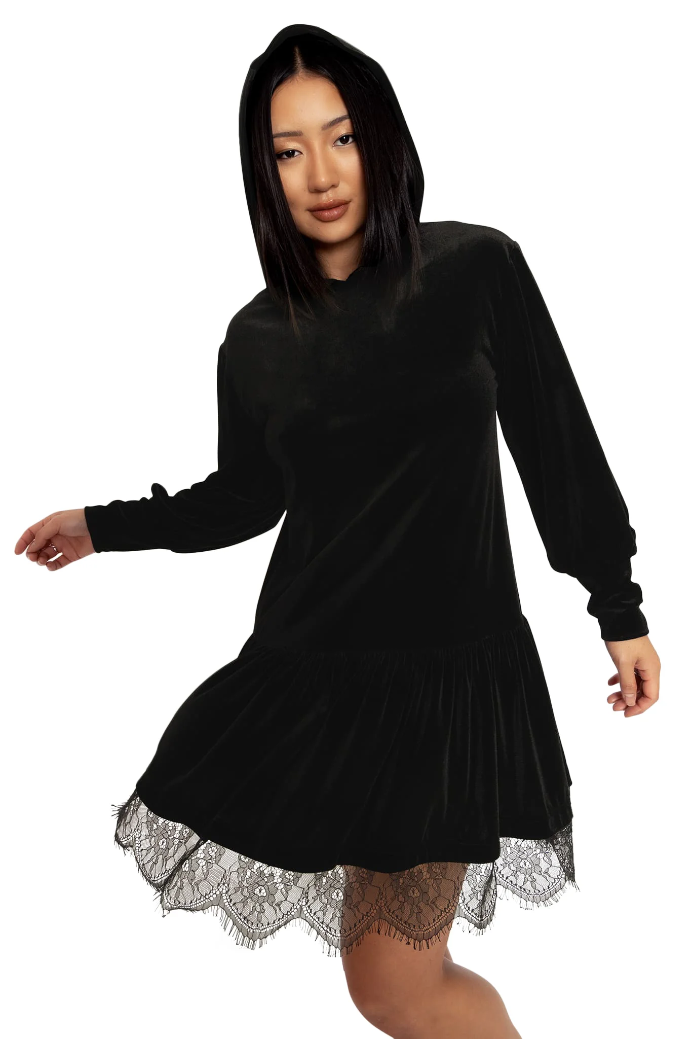 Velvet Black Hooded Sweater Dress - Image 7