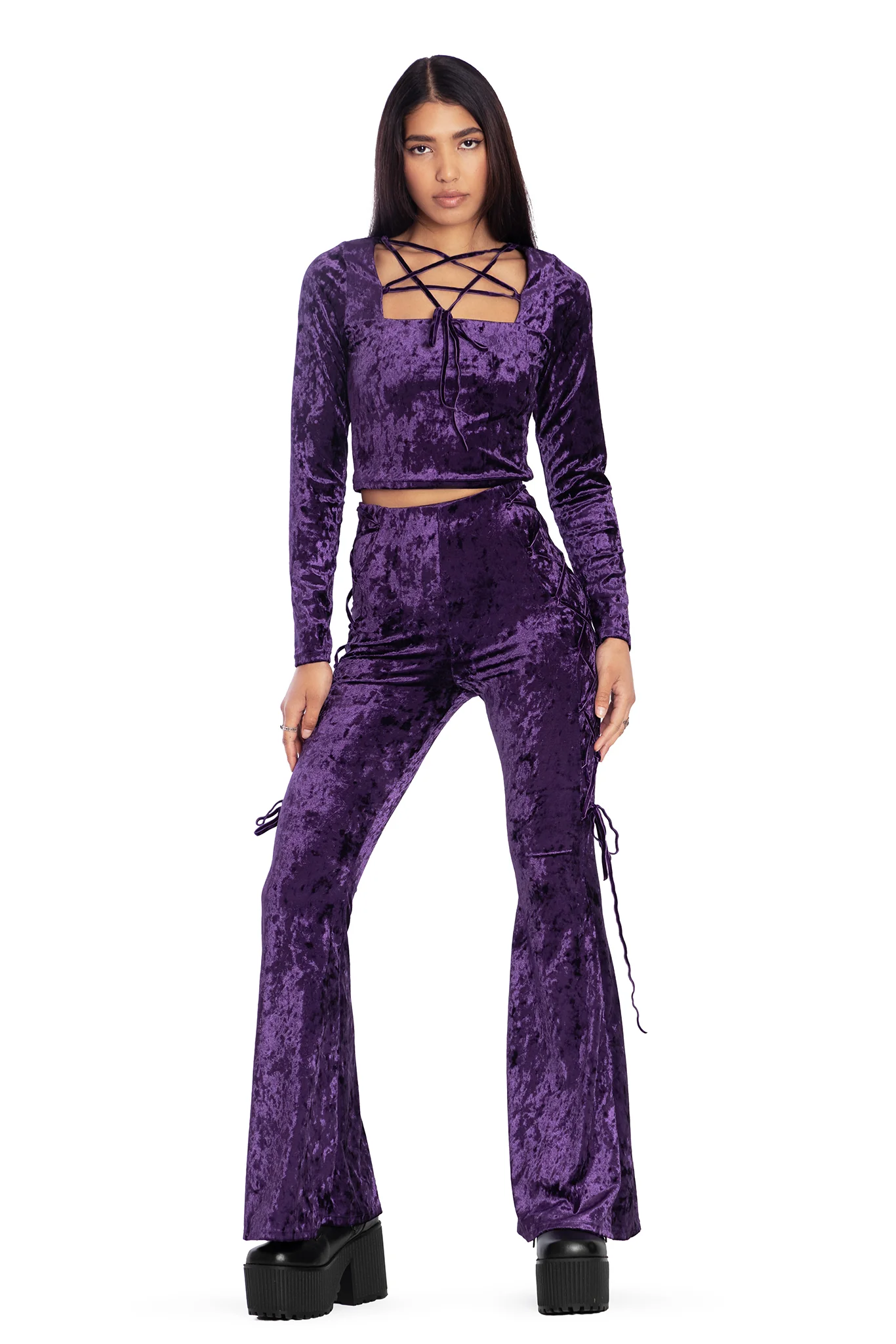 Wiccan Crushed Velvet Long Sleeve Pentagram Top - Image 4