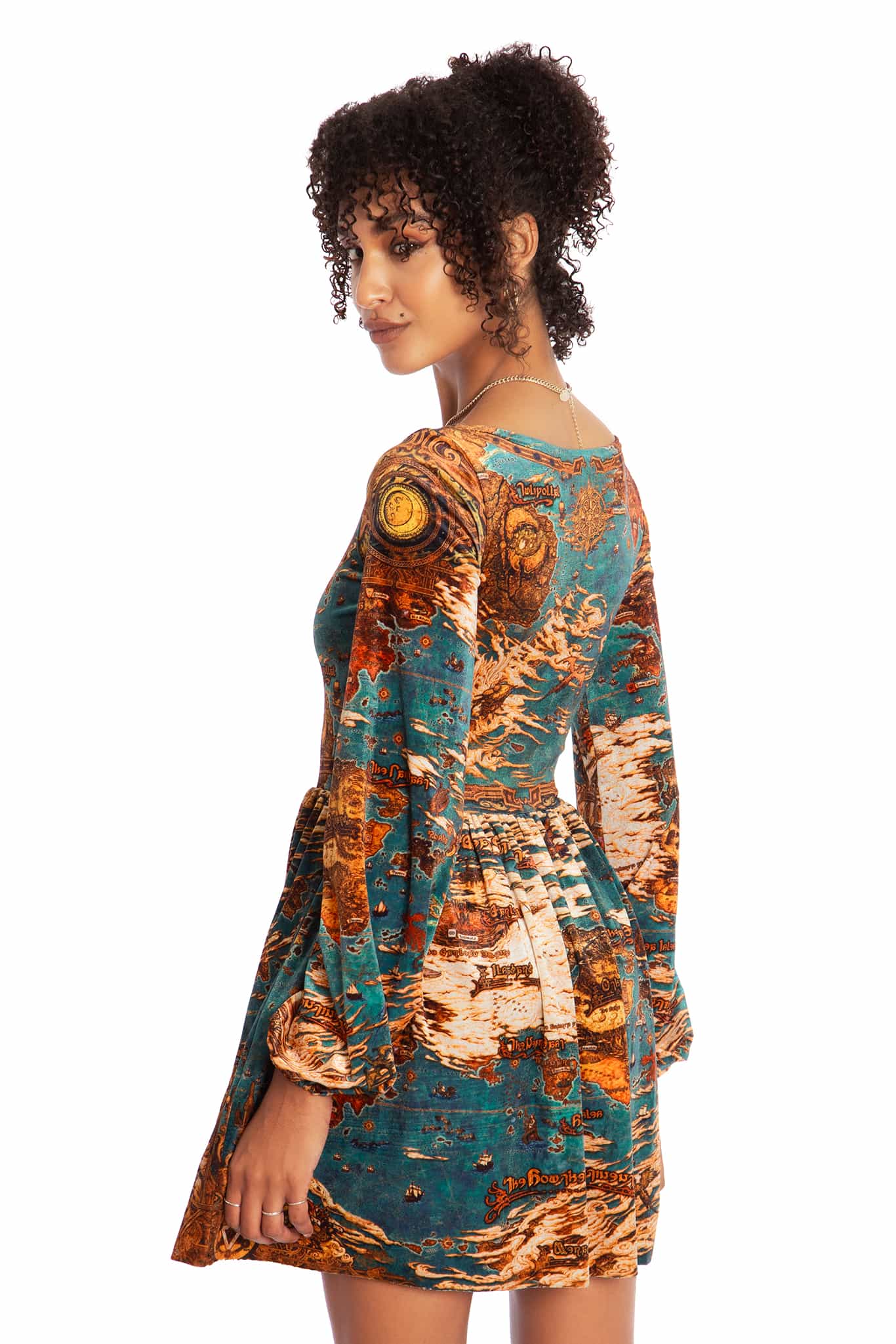 World Map Velvet Squared Up Bishop Skater Dress - Image 3