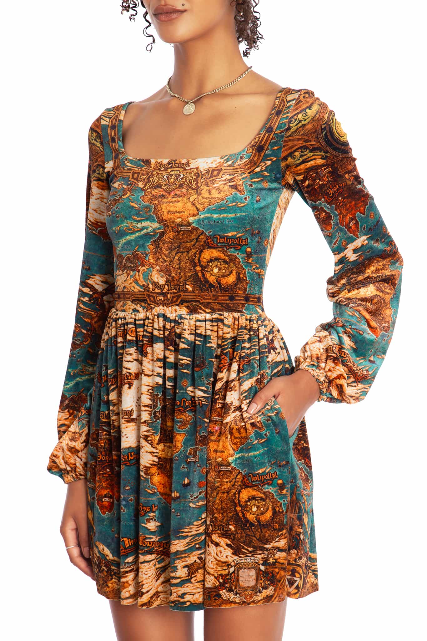 World Map Velvet Squared Up Bishop Skater Dress - Image 4