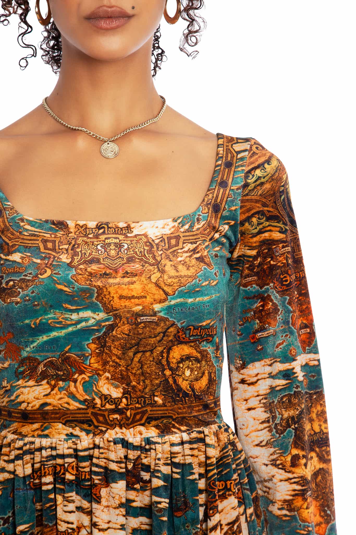 World Map Velvet Squared Up Bishop Skater Dress - Image 5