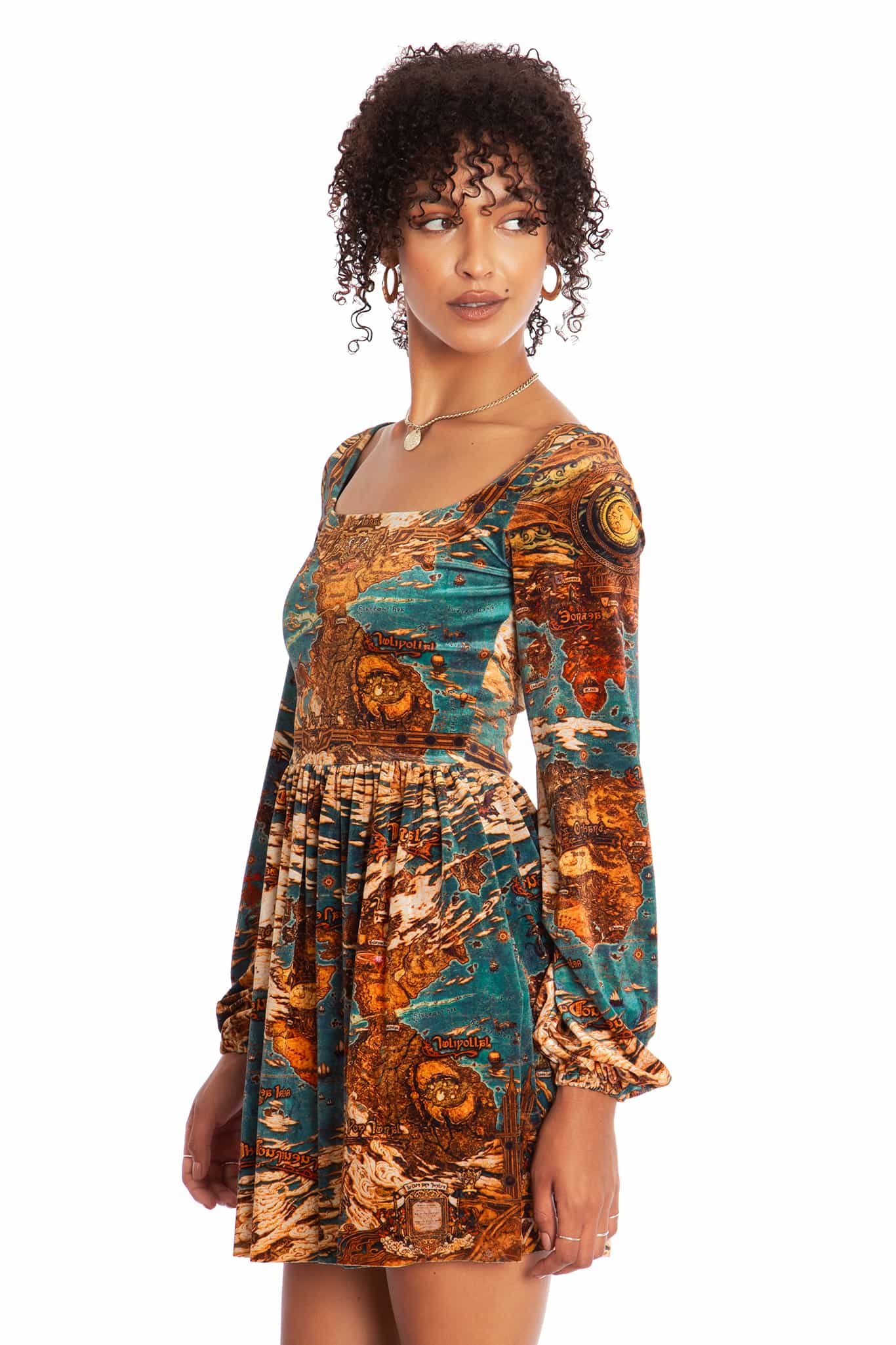 World Map Velvet Squared Up Bishop Skater Dress - Image 7