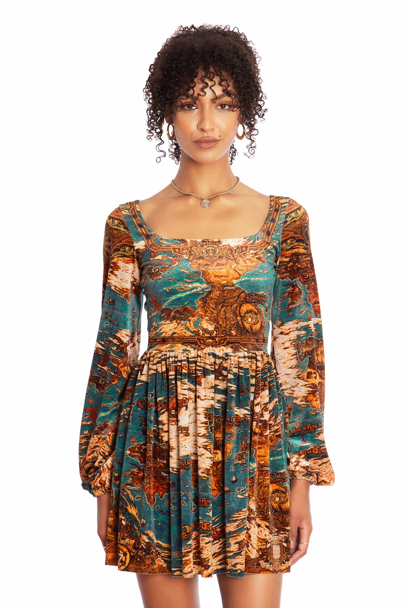 World Map Velvet Squared Up Bishop Skater Dress - Image 8