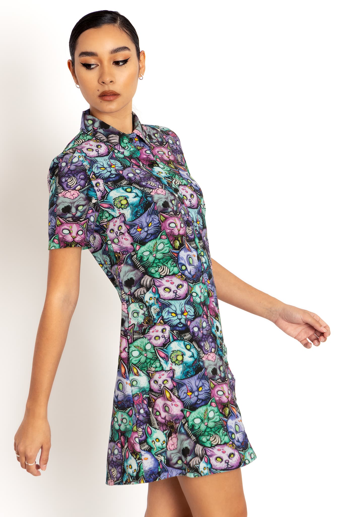 Zombie Catpocalypse Short Sleeve Shirt Dress - Image 3